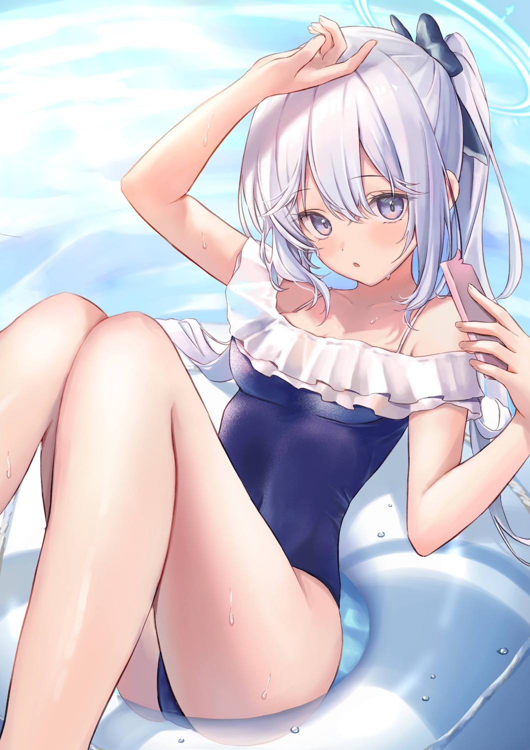 blue_archive cleavage halo huziko32 see_through swimsuits tsukiyuki_miyako wet