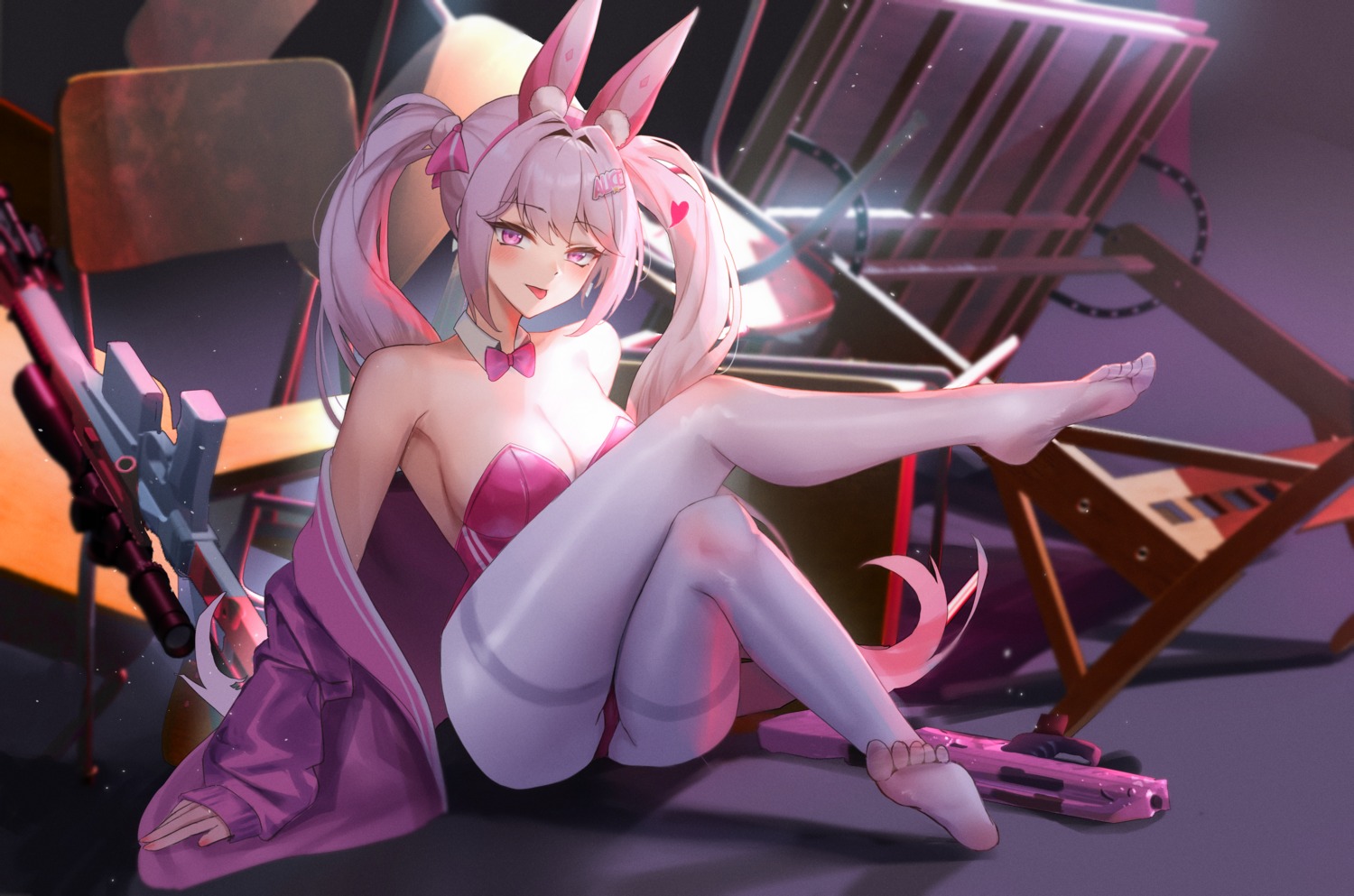 alice_(nikke) animal_ears bunny_ears bunny_girl feet goddess_of_victory:_nikke gun maviss_03 no_bra pantyhose