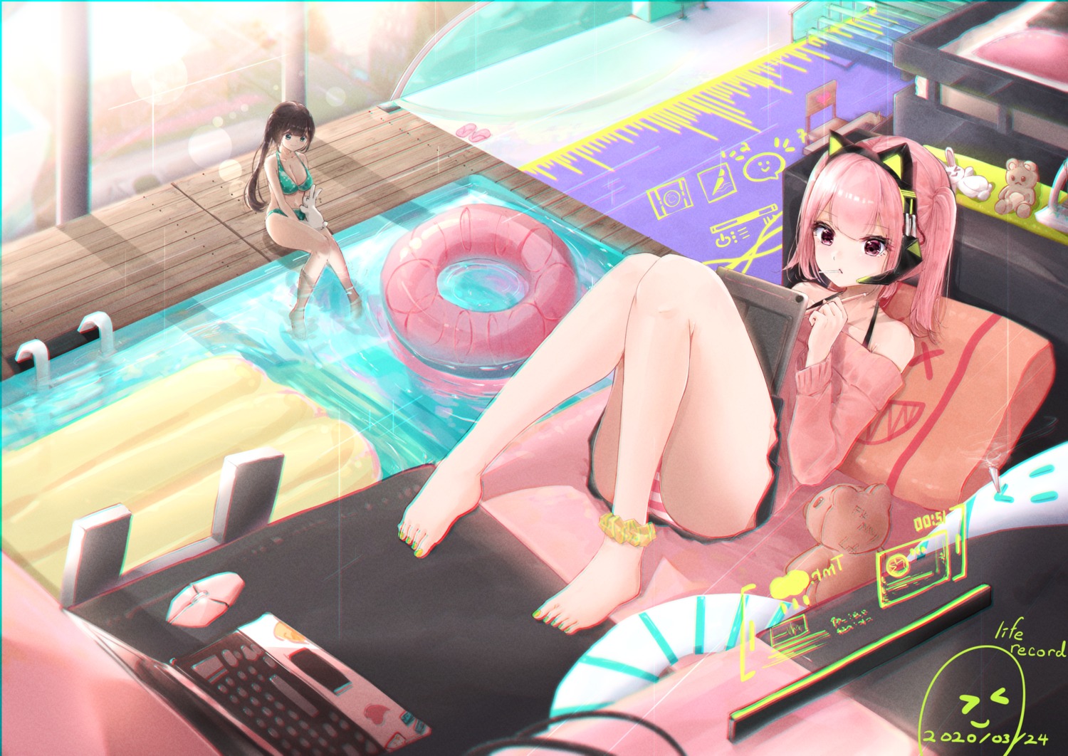 animal_ears bikini feet headphones pantsu riannannair shimapan skirt_lift sweater swimsuits wet