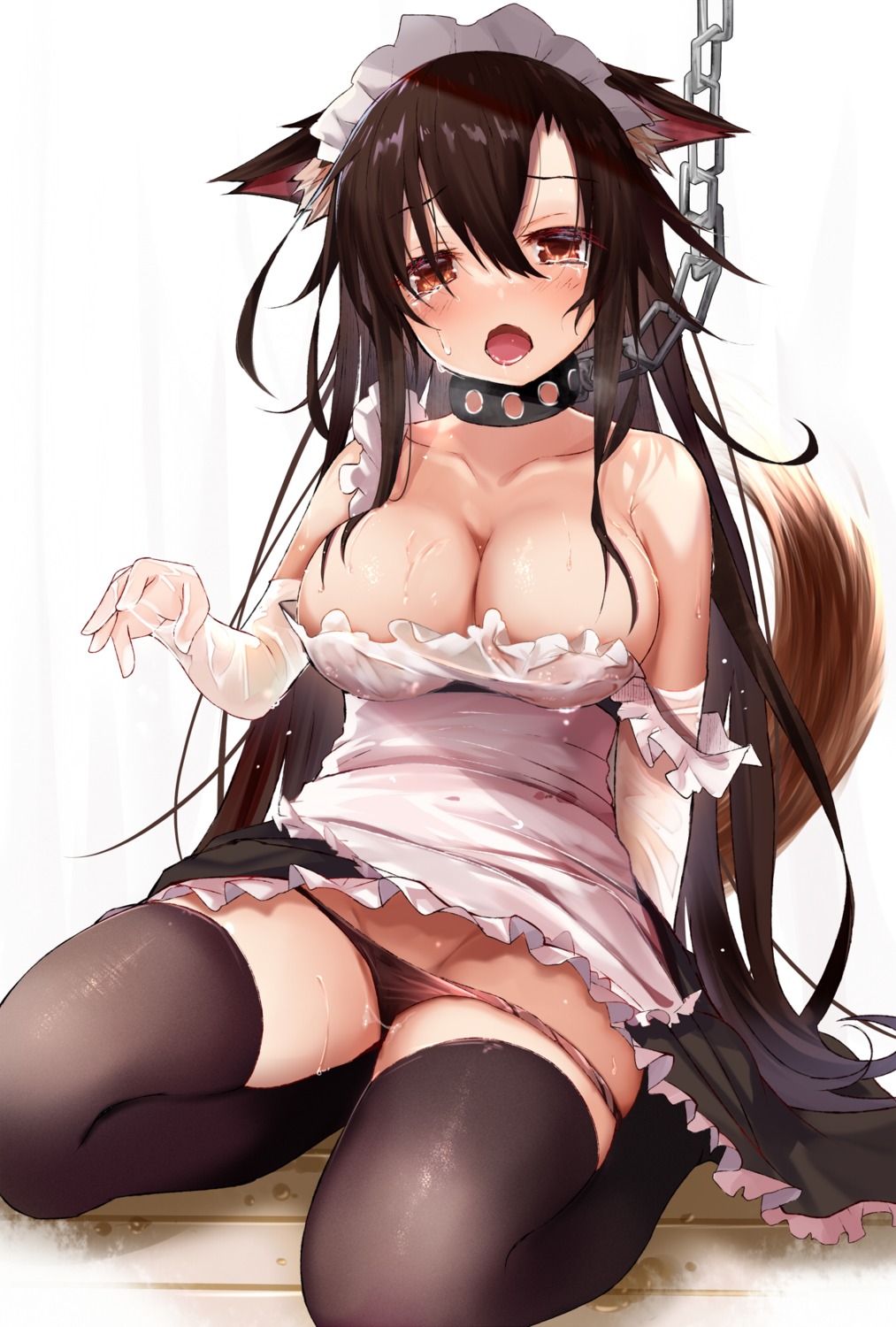 animal_ears artist_revision bondage efe imaizumi_kagerou maid no_bra pantsu panty_pull skirt_lift tail thighhighs touhou wardrobe_malfunction wet wet_clothes