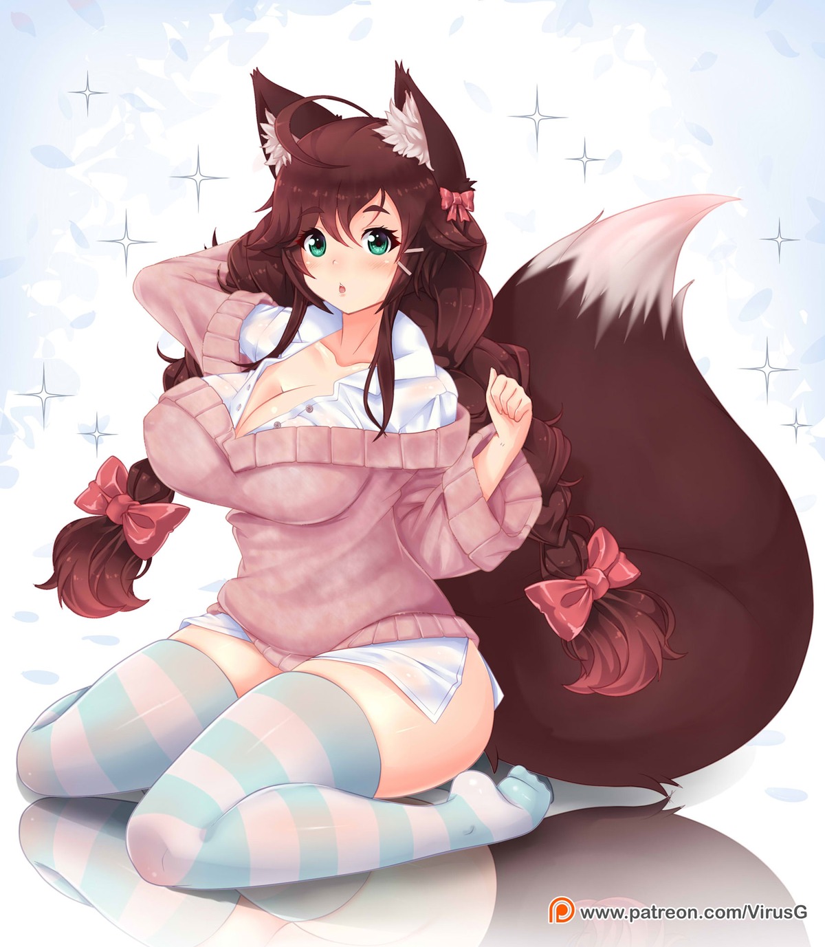 animal_ears dress_shirt kitsune open_shirt see_through sweater tail thighhighs virus-g