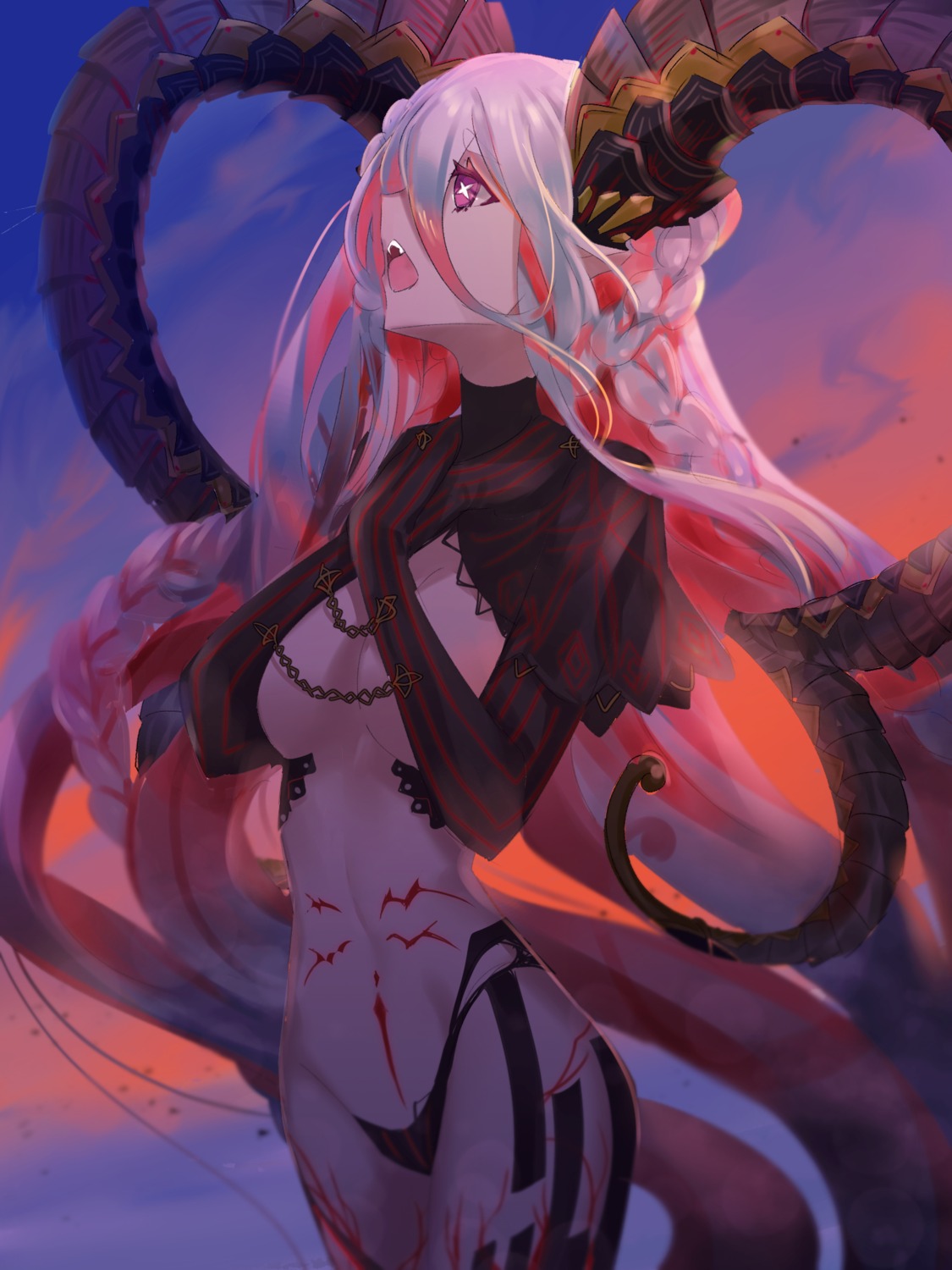 breast_hold breasts fate/grand_order horns muneomon_(takomon) no_bra pantsu tattoo tiamat_(fate/grand_order)