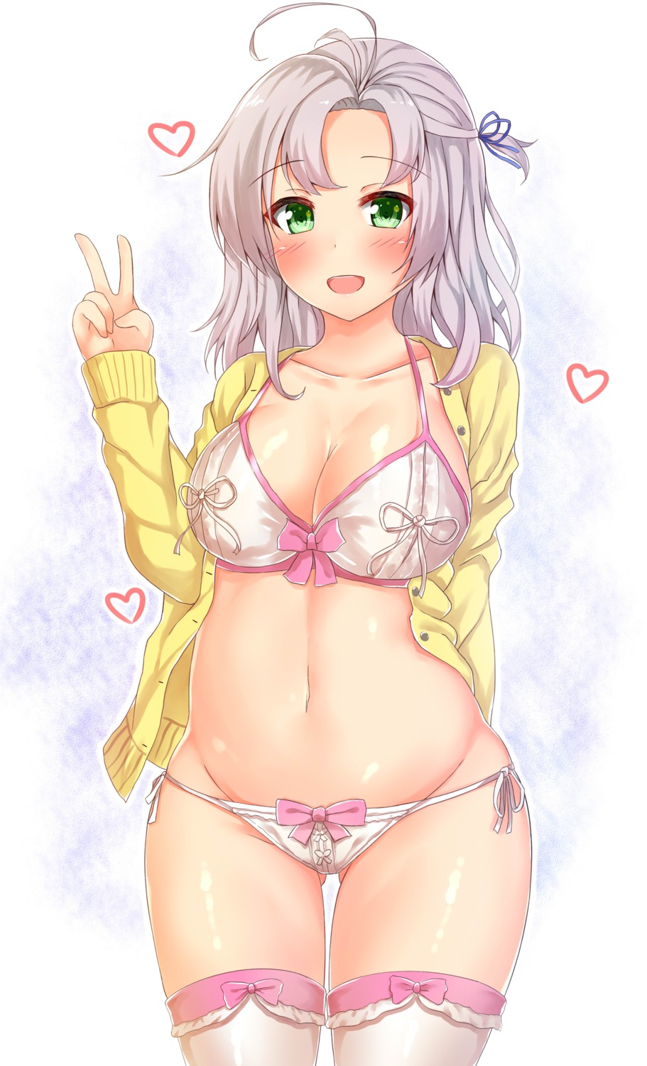 bra cleavage kantai_collection kinugasa_(kancolle) open_shirt pantsu pikacchi string_panties sweater thighhighs