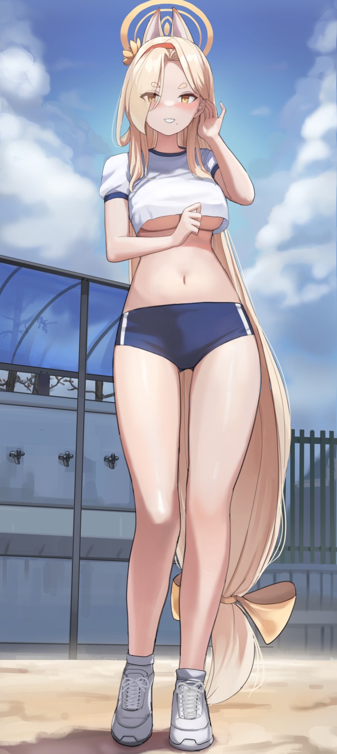 animal_ears blue_archive buruma dolri gym_uniform halo kitsune kuwakami_kaho no_bra underboob