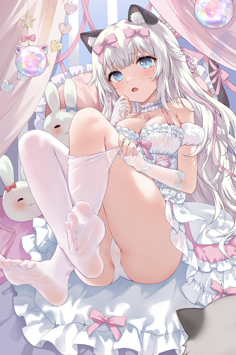 animal_ears cameltoe devil_heavens dress feet nekomimi pantsu see_through skirt_lift tail thighhighs thong undressing