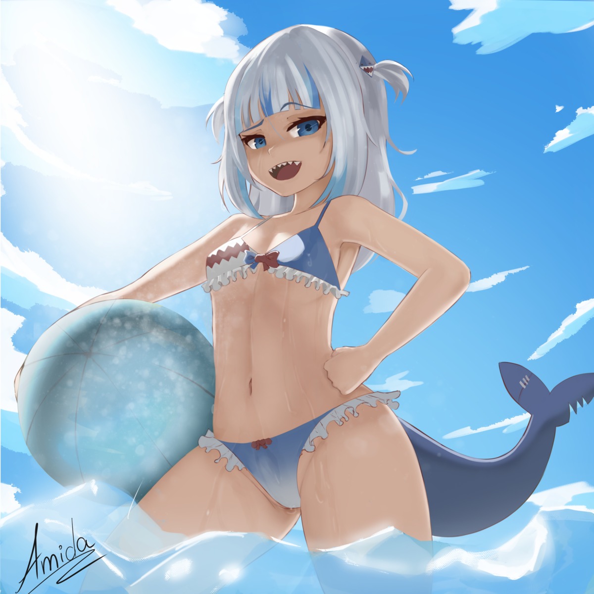 amida bikini gawr_gura hololive hololive_english swimsuits tail wet