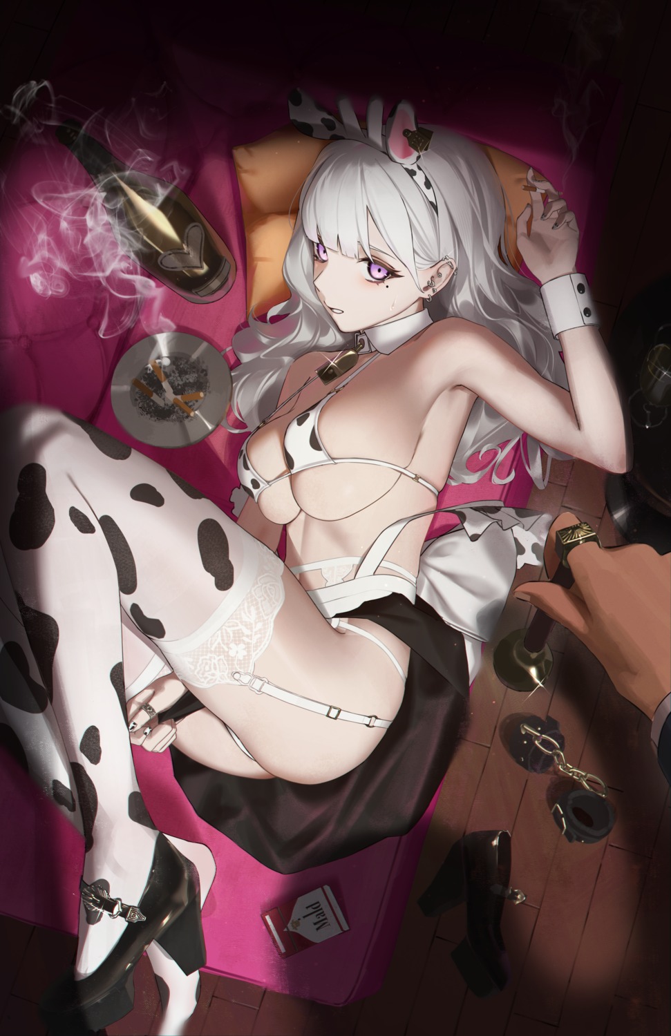 animal_ears bra garter_belt heels pantsu rasa_k skirt_lift smoking stockings thighhighs thong