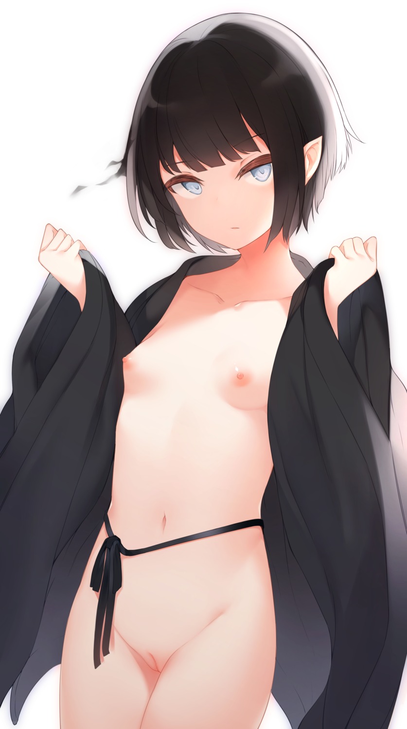 bottomless breasts censored japanese_clothes loli nipples no_bra open_shirt otokuyou pointy_ears pussy