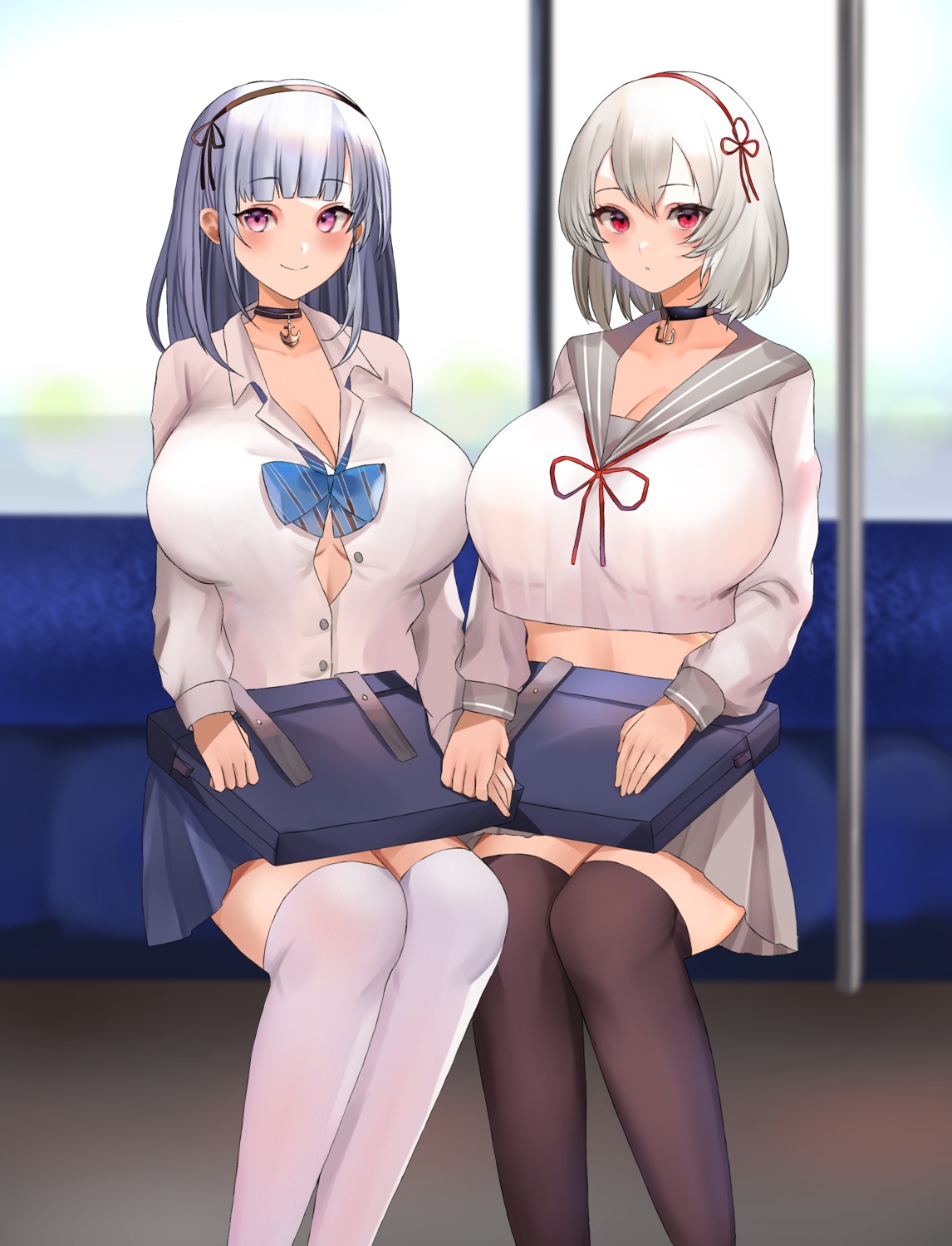 azur_lane cleavage dido_(azur_lane) doinaka open_shirt seifuku sirius_(azur_lane) thighhighs