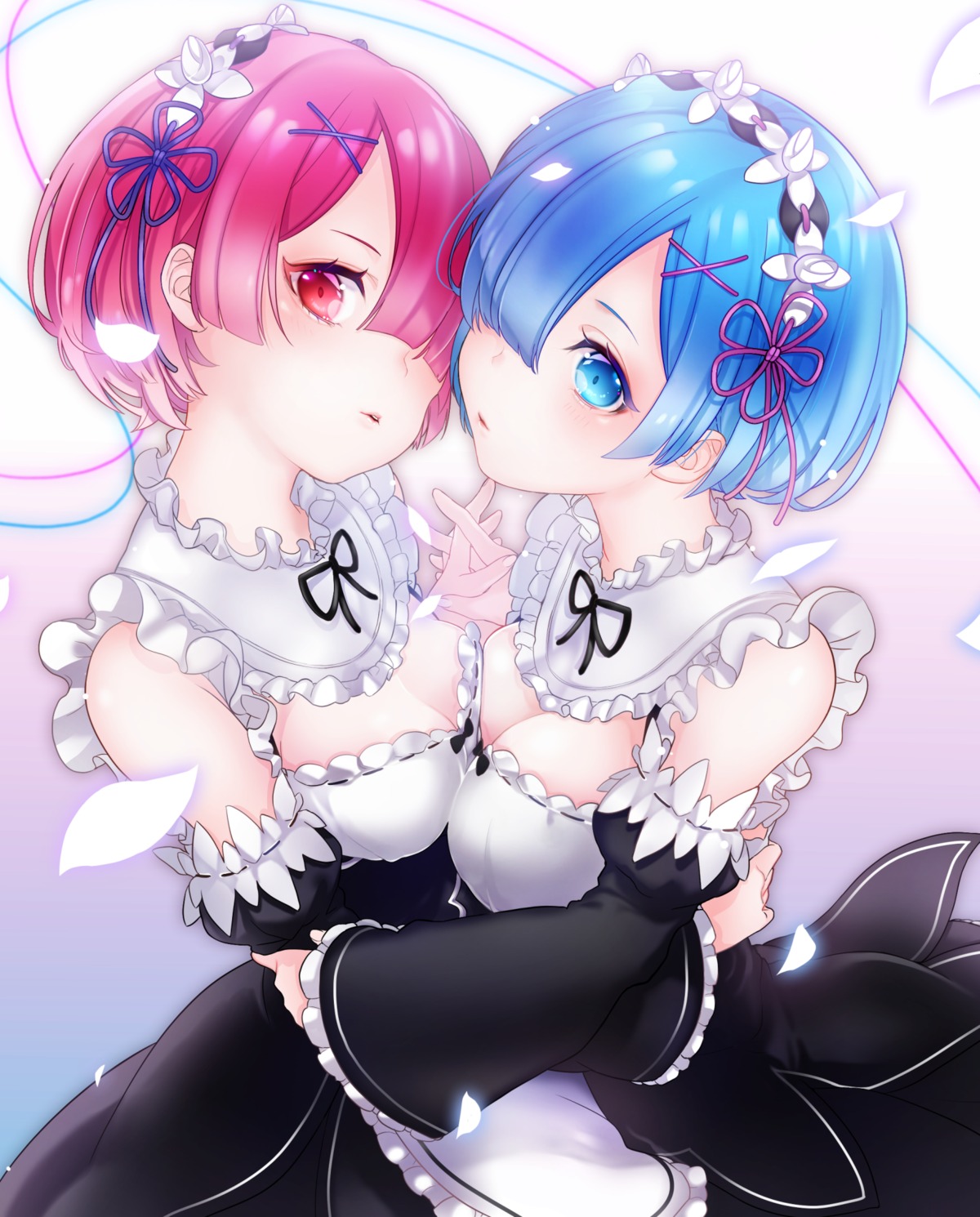 cleavage haiso_o maid ram_(re_zero) re_zero_kara_hajimeru_isekai_seikatsu rem_(re_zero) symmetrical_docking