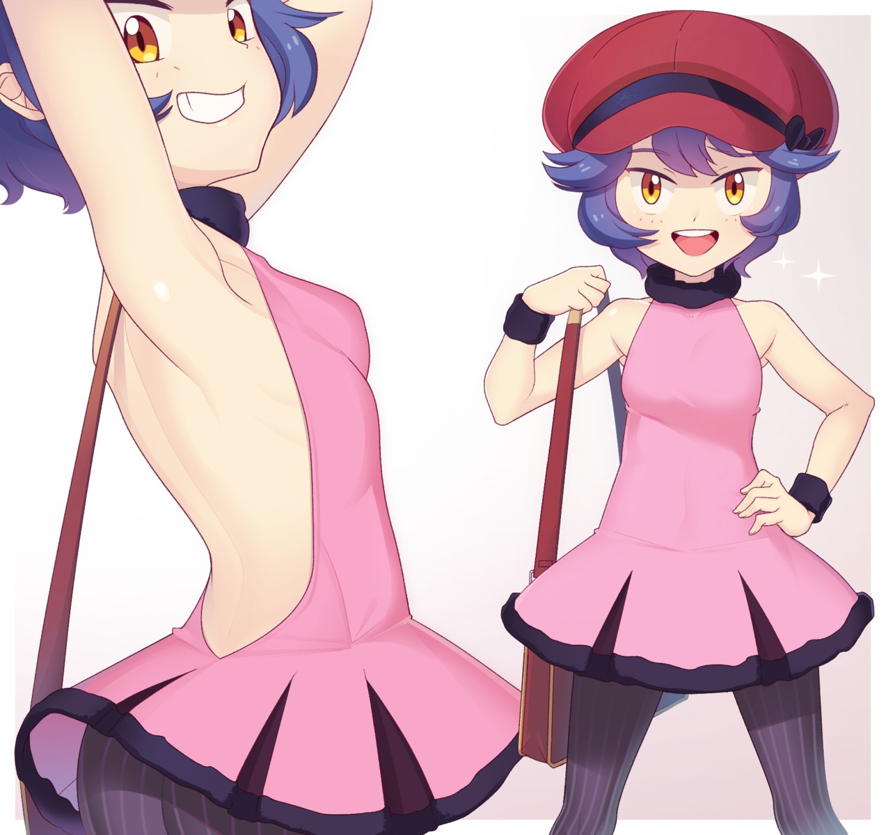 dress gazing_eye nadya_(pokemon) no_bra pantyhose pokemon pokemon_duel skirt_lift