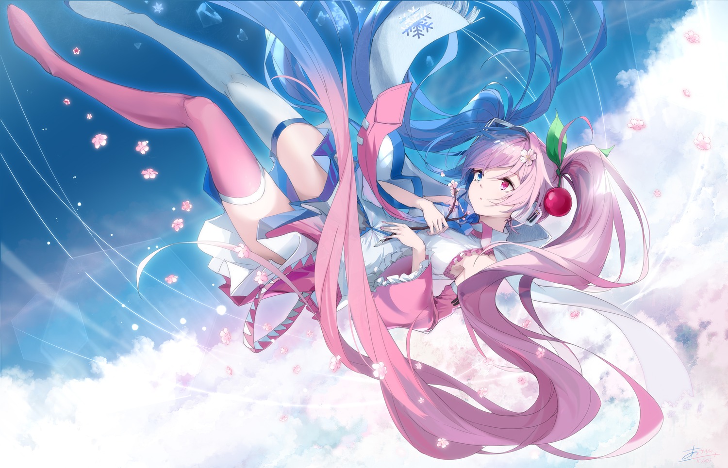 asahi_kuroi hatsune_miku headphones heterochromia sakura_miku thighhighs vocaloid yuki_miku