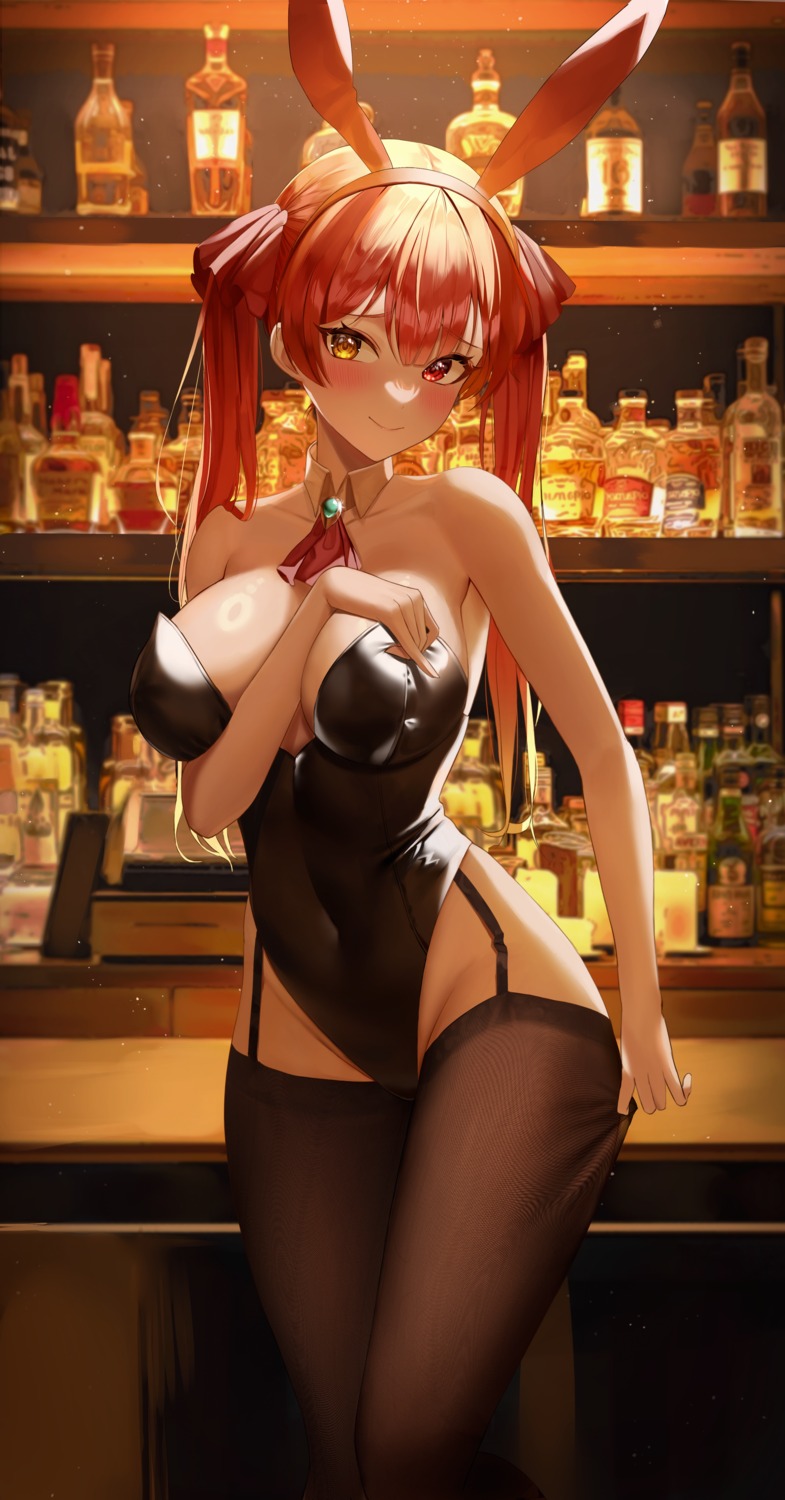 animal_ears breast_hold bunny_ears bunny_girl heterochromia hololive houshou_marine no_bra ryu_o stockings thighhighs