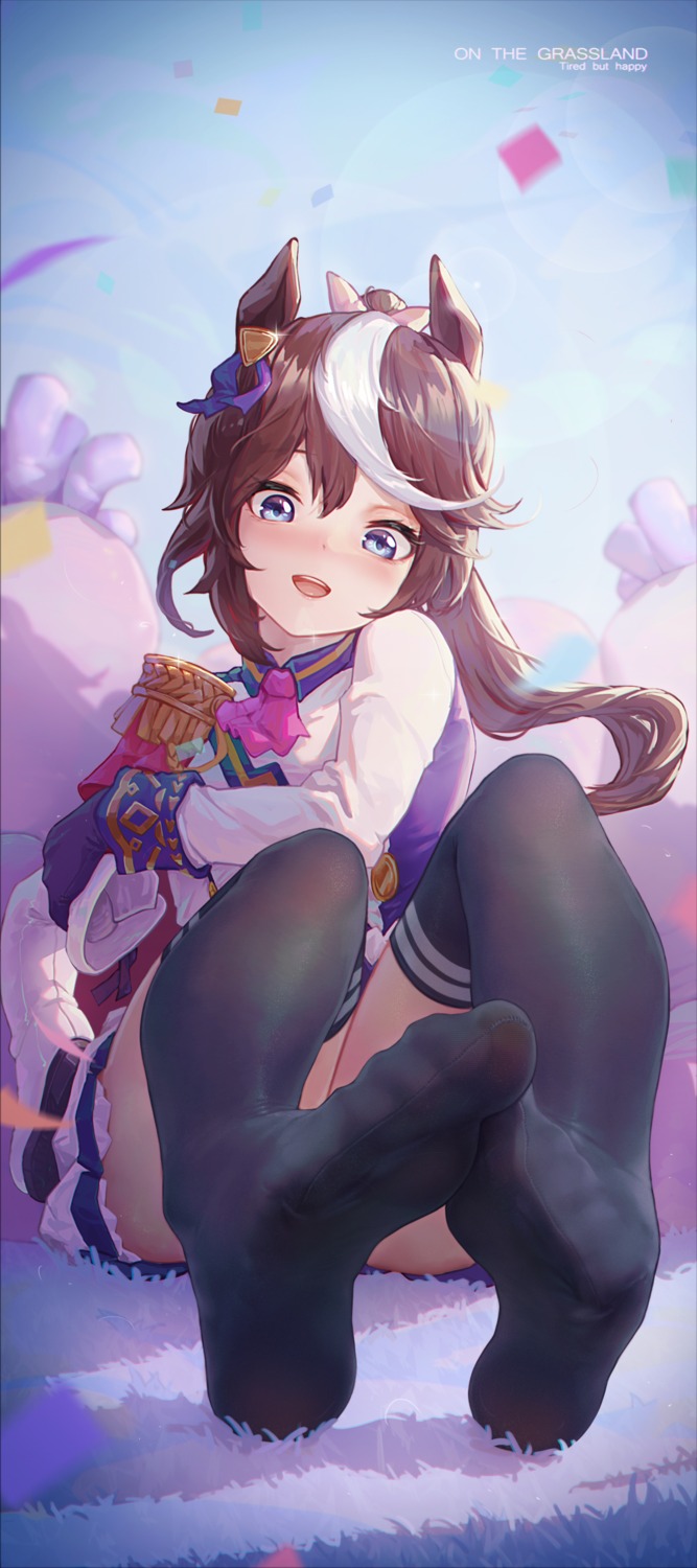 animal_ears feet icecake skirt_lift thighhighs tokai_teio_(umamusume) uma_musume_pretty_derby uniform