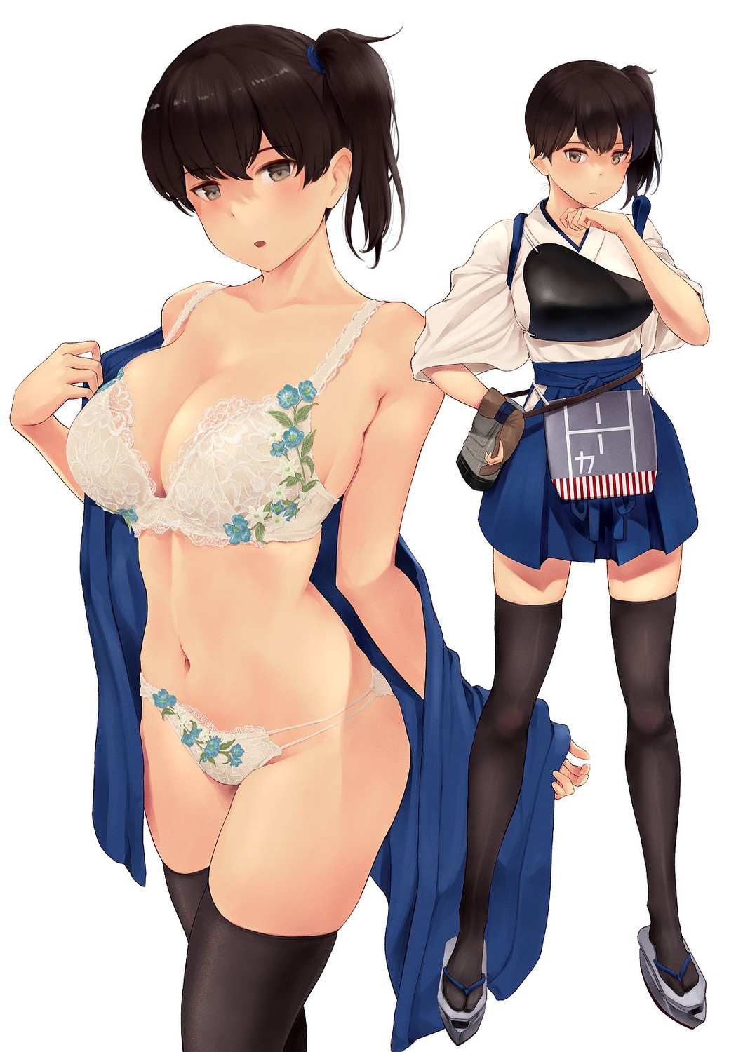 armor bra japanese_clothes kaga_(kancolle) kantai_collection open_shirt pantsu thighhighs undressing wa_(genryusui)