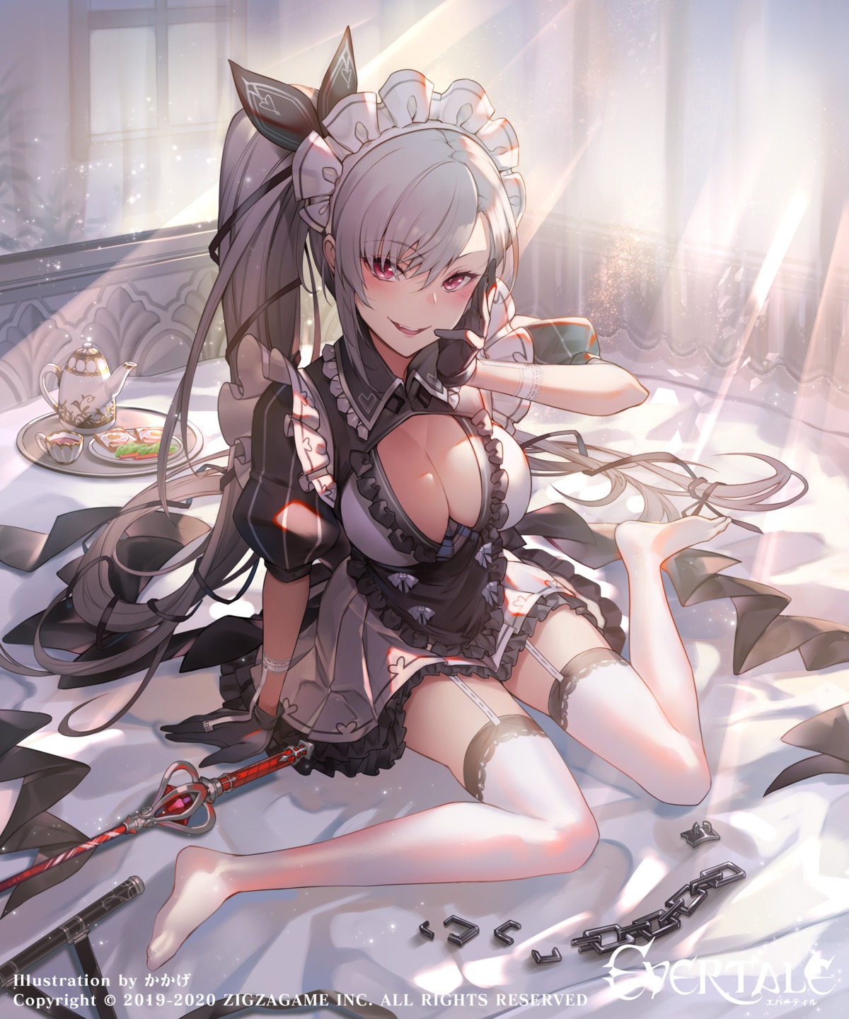 cleavage evertale kakage maid no_bra open_shirt stockings sword thighhighs