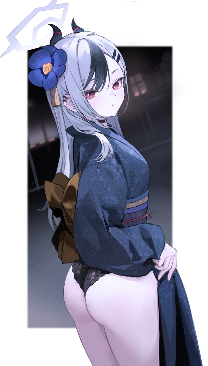 ass blue_archive halo horns kimono nagata_gata onikata_kayoko pantsu skirt_lift