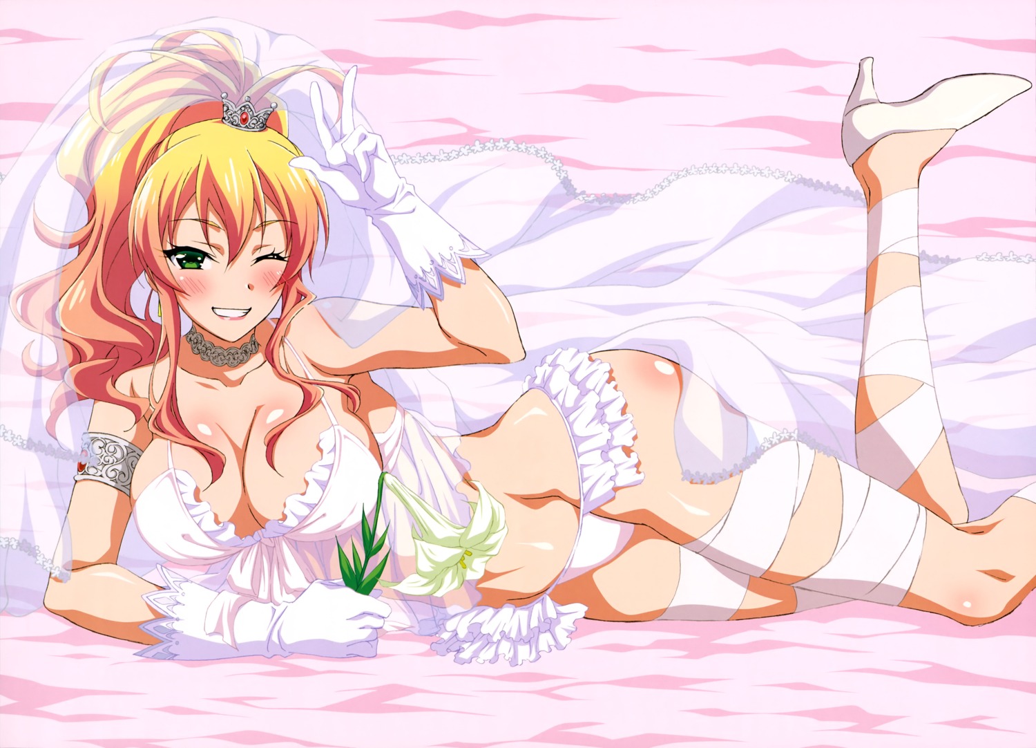 bandages cleavage dress hajimete_no_gal heels lingerie pantsu see_through wedding_dress yame_yukana