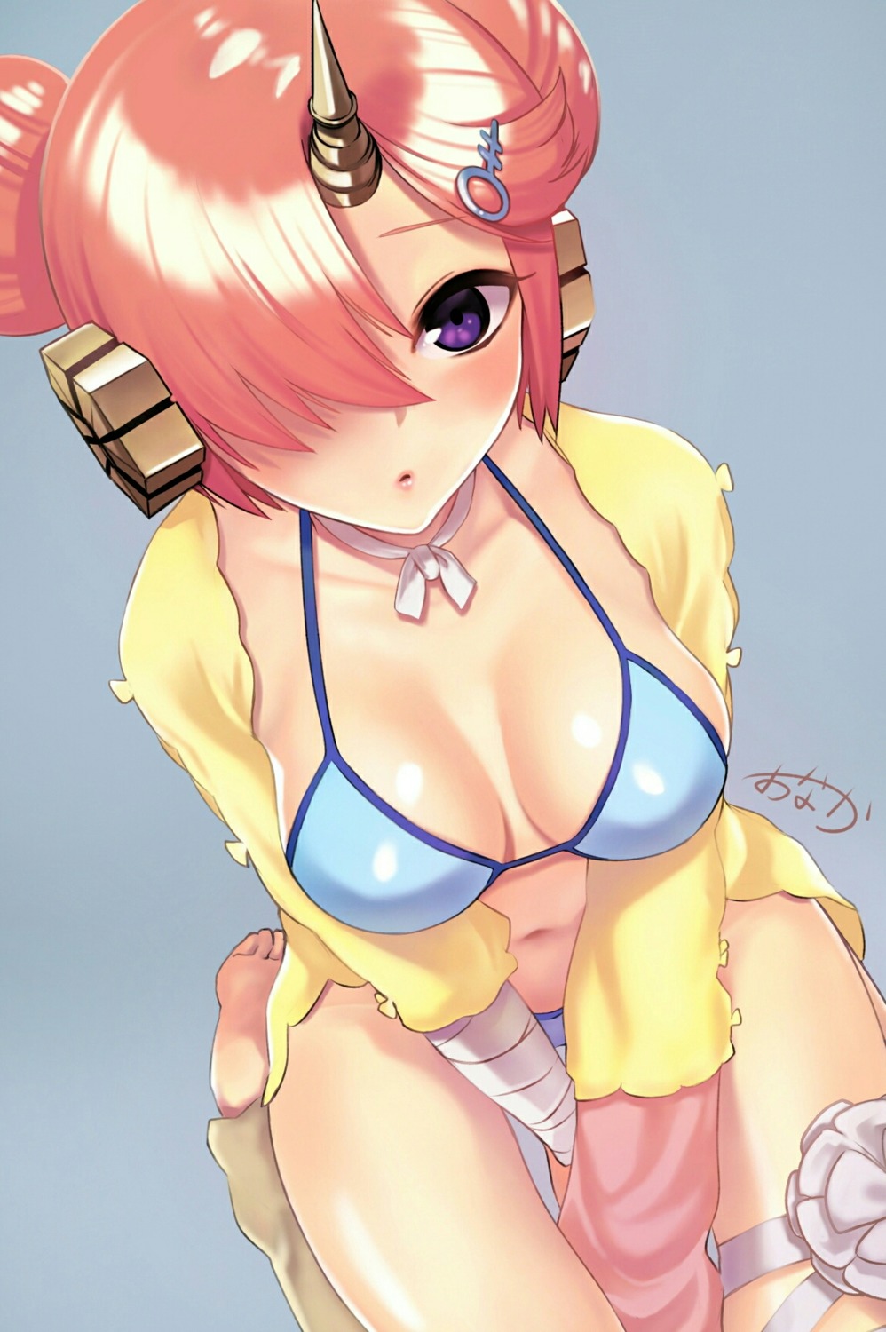 bandages bikini cleavage fate/apocrypha fate/grand_order fate/stay_night frankenstein's_monster_(fate) horns onaka_(pixiv11820960) open_shirt swimsuits