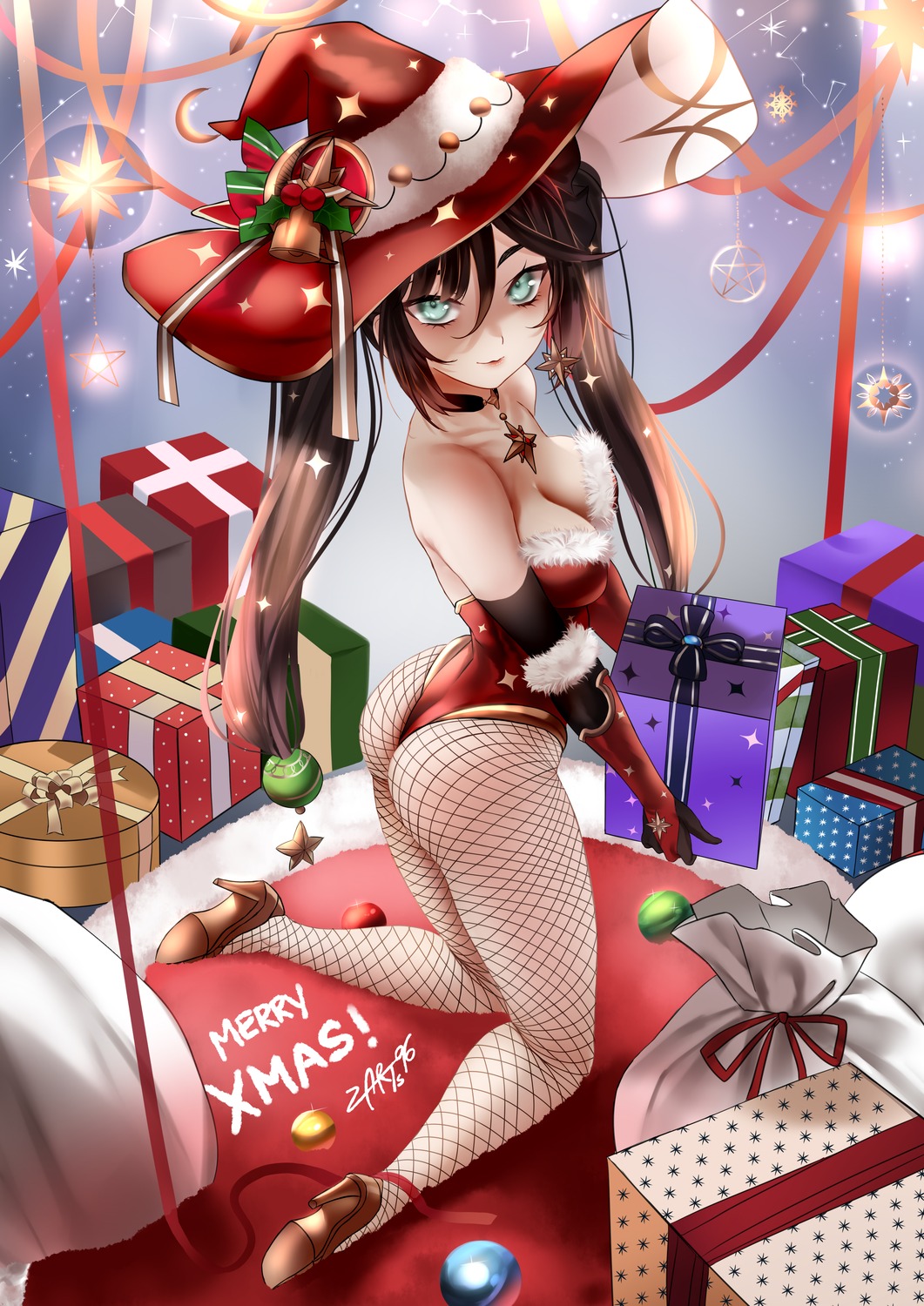 ass christmas fishnets genshin_impact heels leotard mona_megistus no_bra thong witch zasshu