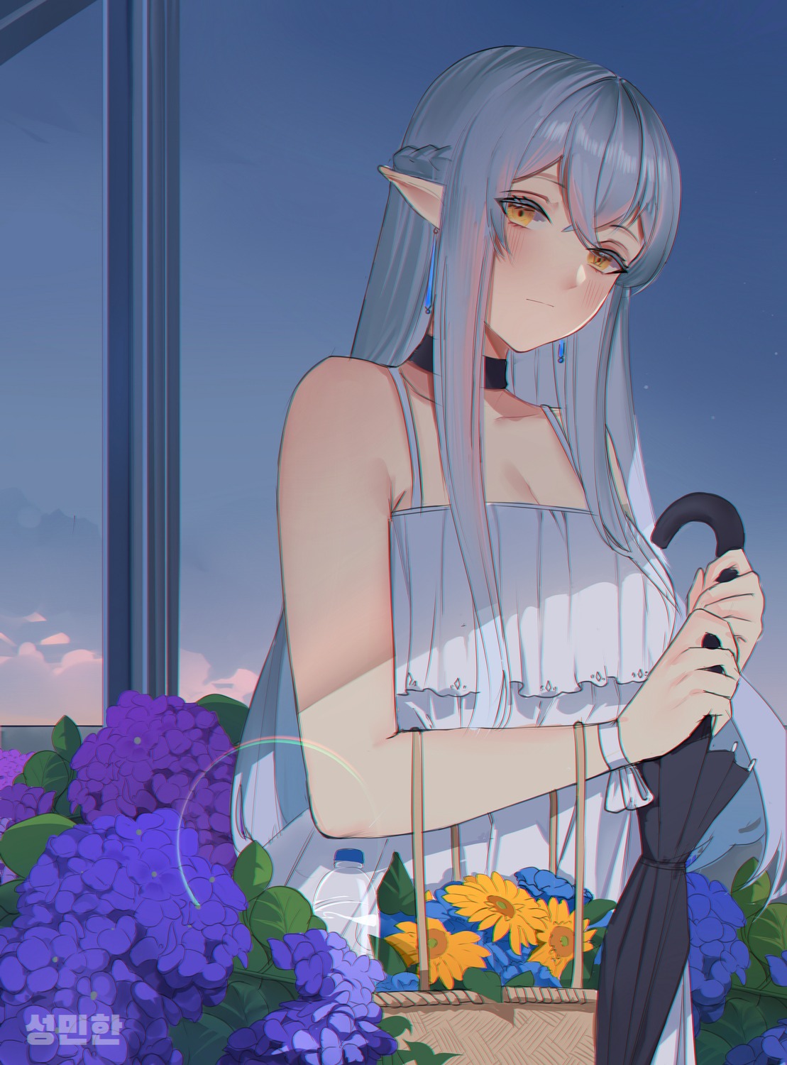 cleavage dress milephunter pointy_ears umbrella