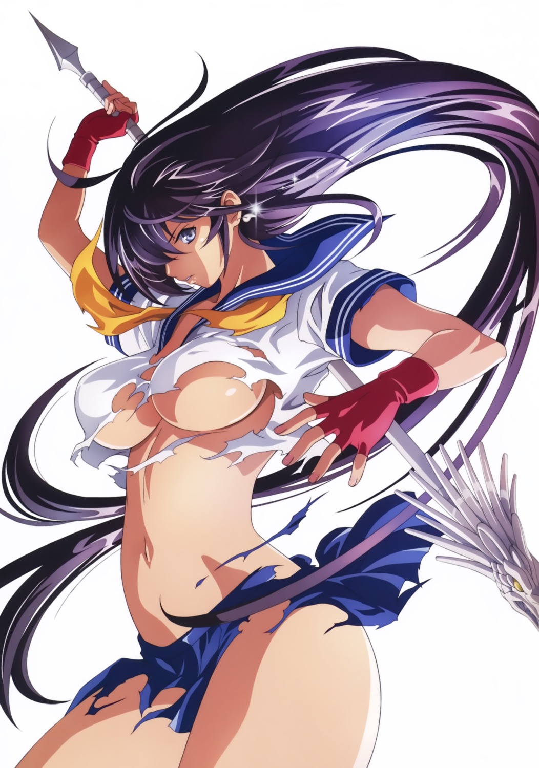 erect_nipples ikkitousen kanu_unchou no_bra nopan seifuku torn_clothes underboob weapon