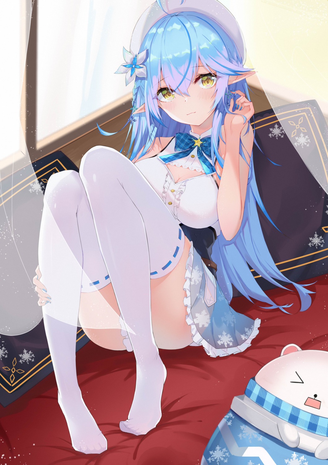 bsmycc cleavage elf feet hololive pointy_ears see_through skirt_lift thighhighs yukihana_lamy