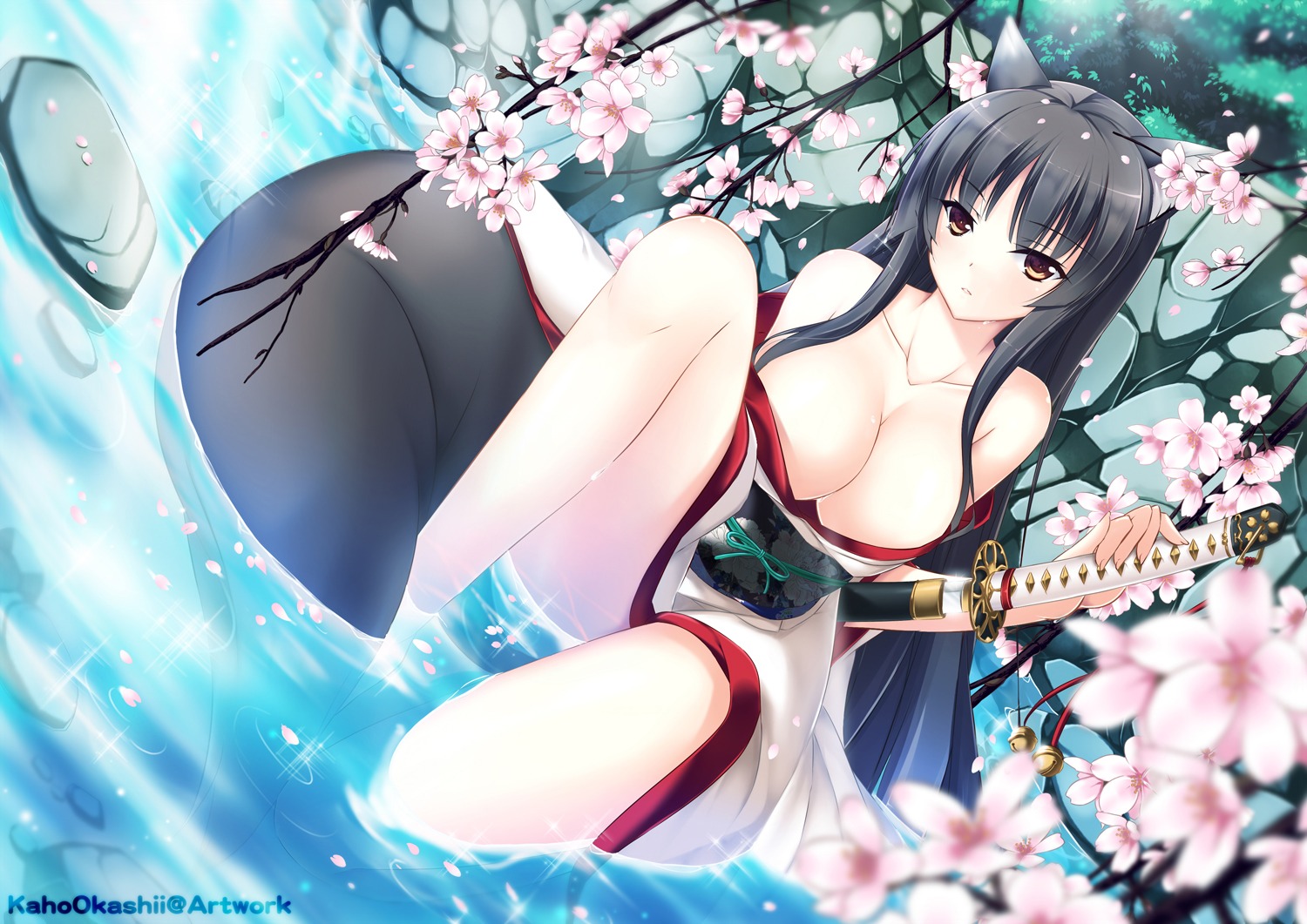 animal_ears cleavage kaho_okashii kimono no_bra open_shirt sword