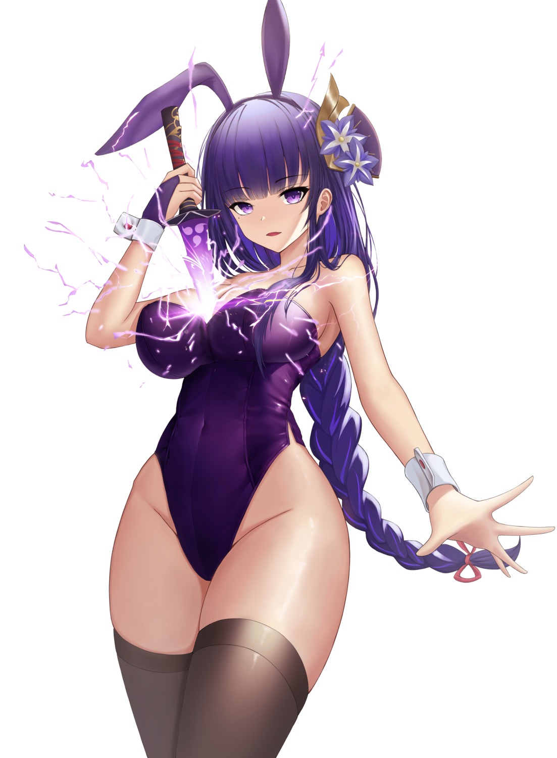 $hu animal_ears bunny_ears bunny_girl genshin_impact no_bra raiden_shogun sword thighhighs