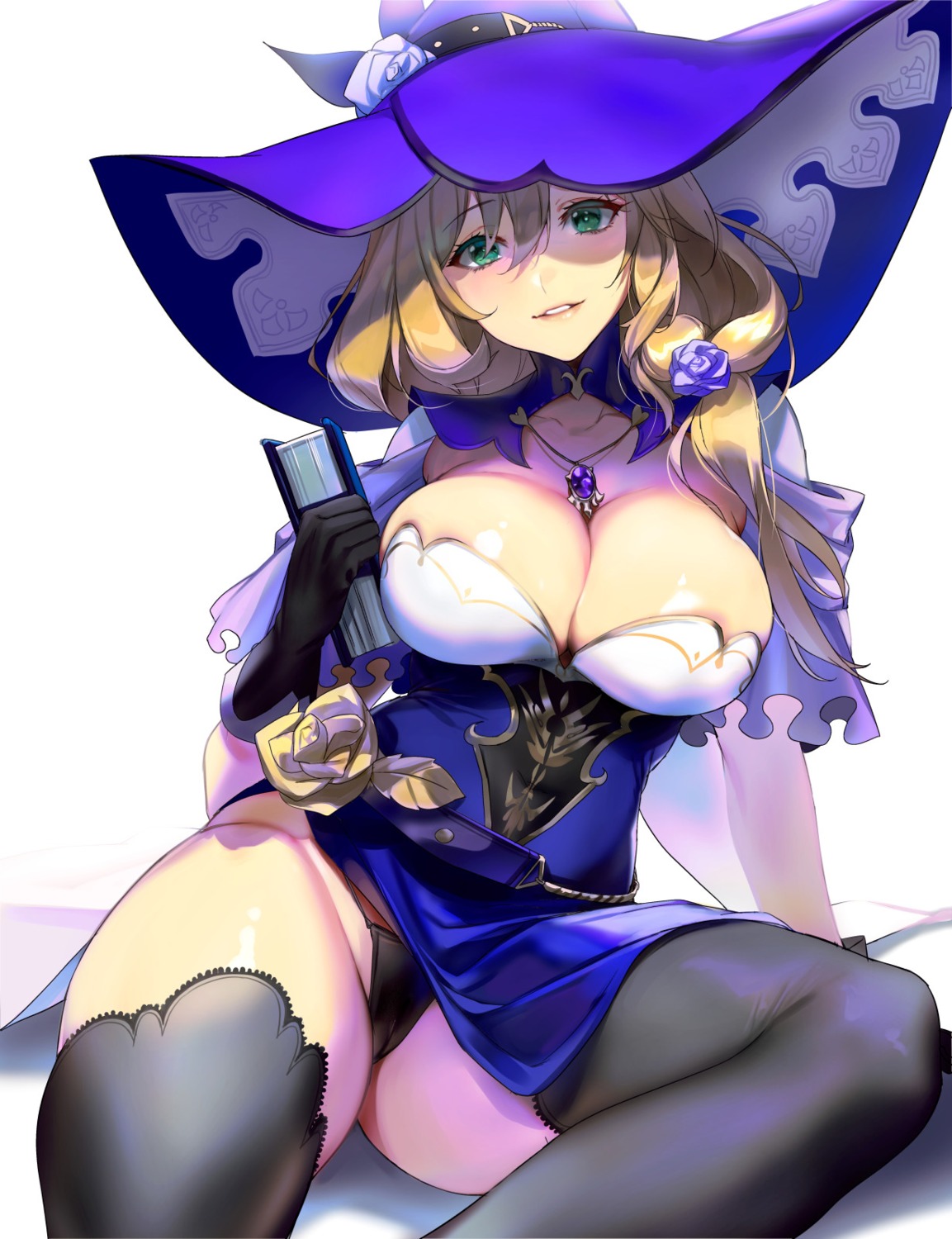 cameltoe dress genshin_impact imp_(sksalfl132) lisa_(genshin_impact) no_bra pantsu skirt_lift thighhighs witch