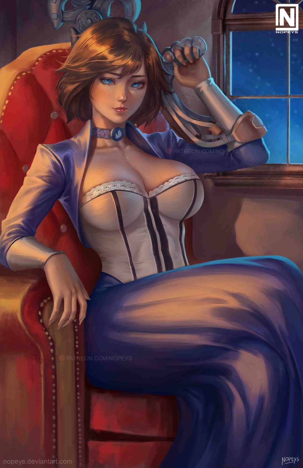 bioshock bioshock_infinite cleavage elizabeth_(bioshock_infinite) gun no_bra nopeys open_shirt