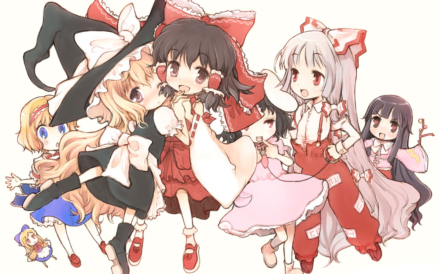 alice_margatroid fujiwara_no_mokou hakurei_reimu houraisan_kaguya inaba_tewi kirisame_marisa okome_(ricecandy) shanghai_doll touhou wallpaper