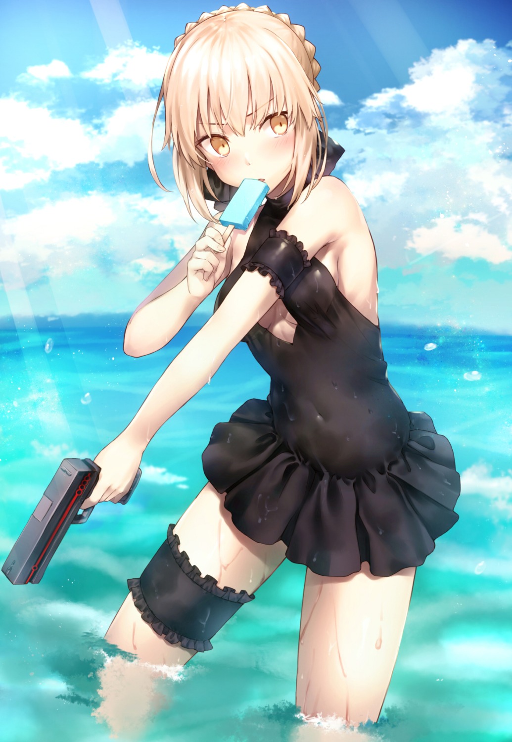 cleavage fate/grand_order garter gun omochi_no_kimochi saber saber_alter swimsuits wet