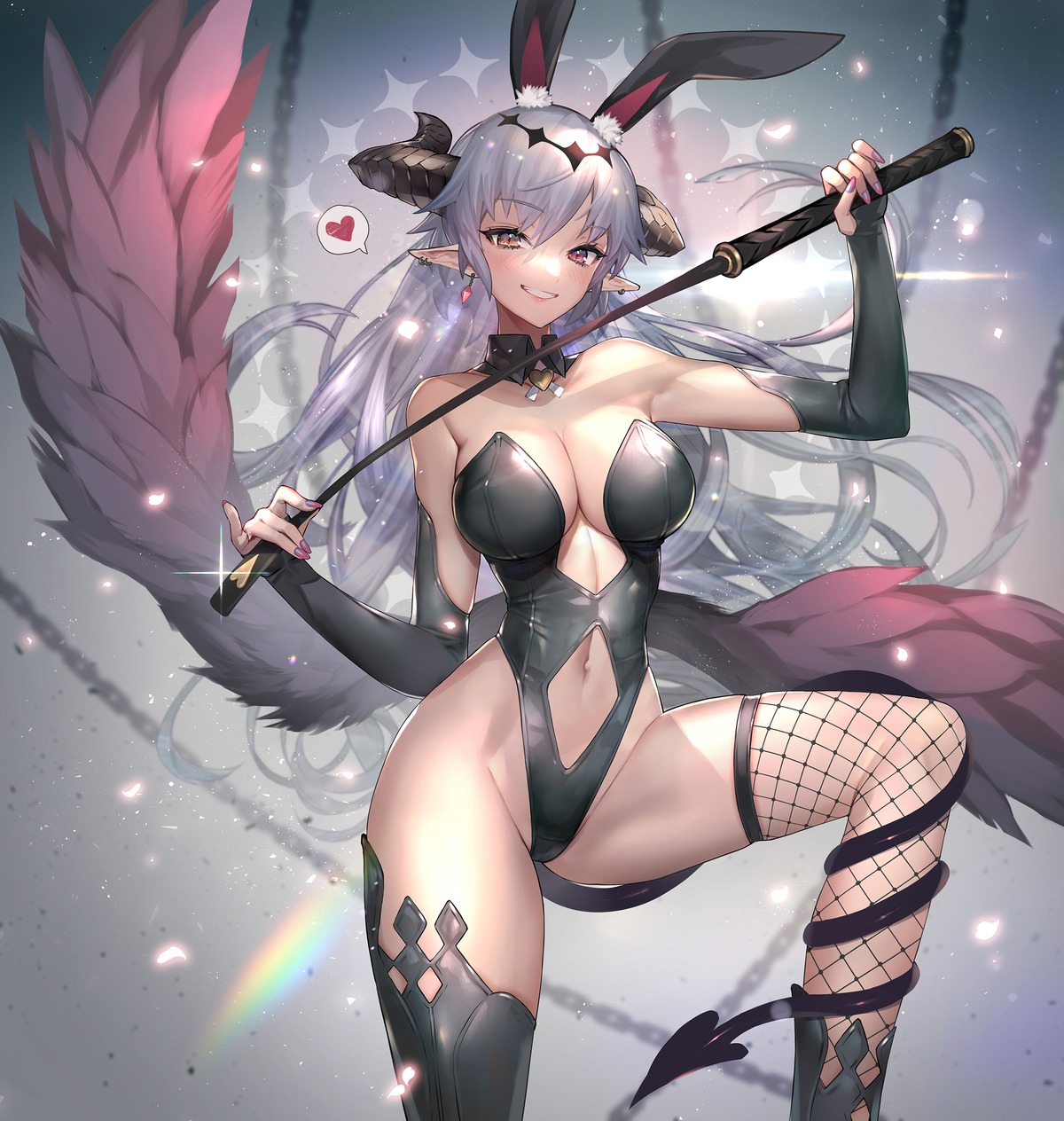 animal_ears bunny_ears bunny_girl fishnets heterochromia hitowa horns pointy_ears tail thighhighs weapon wings