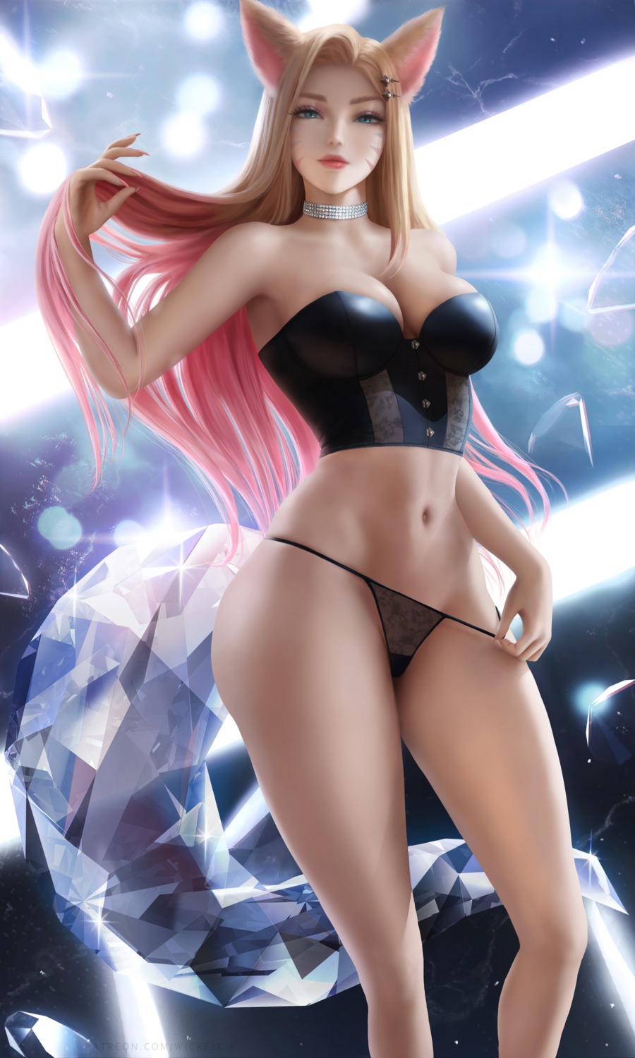 ahri animal_ears kitsune league_of_legends lingerie no_bra pantsu panty_pull tail undressing wickellia