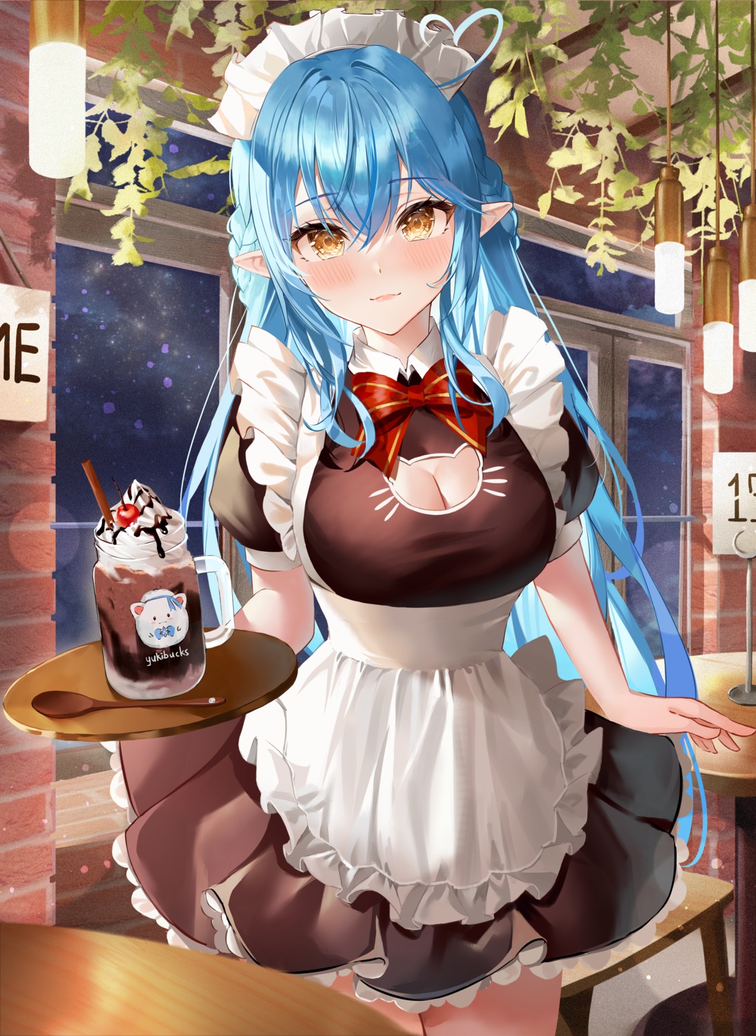 cleavage elf hao_827 hololive maid pointy_ears waitress yukihana_lamy