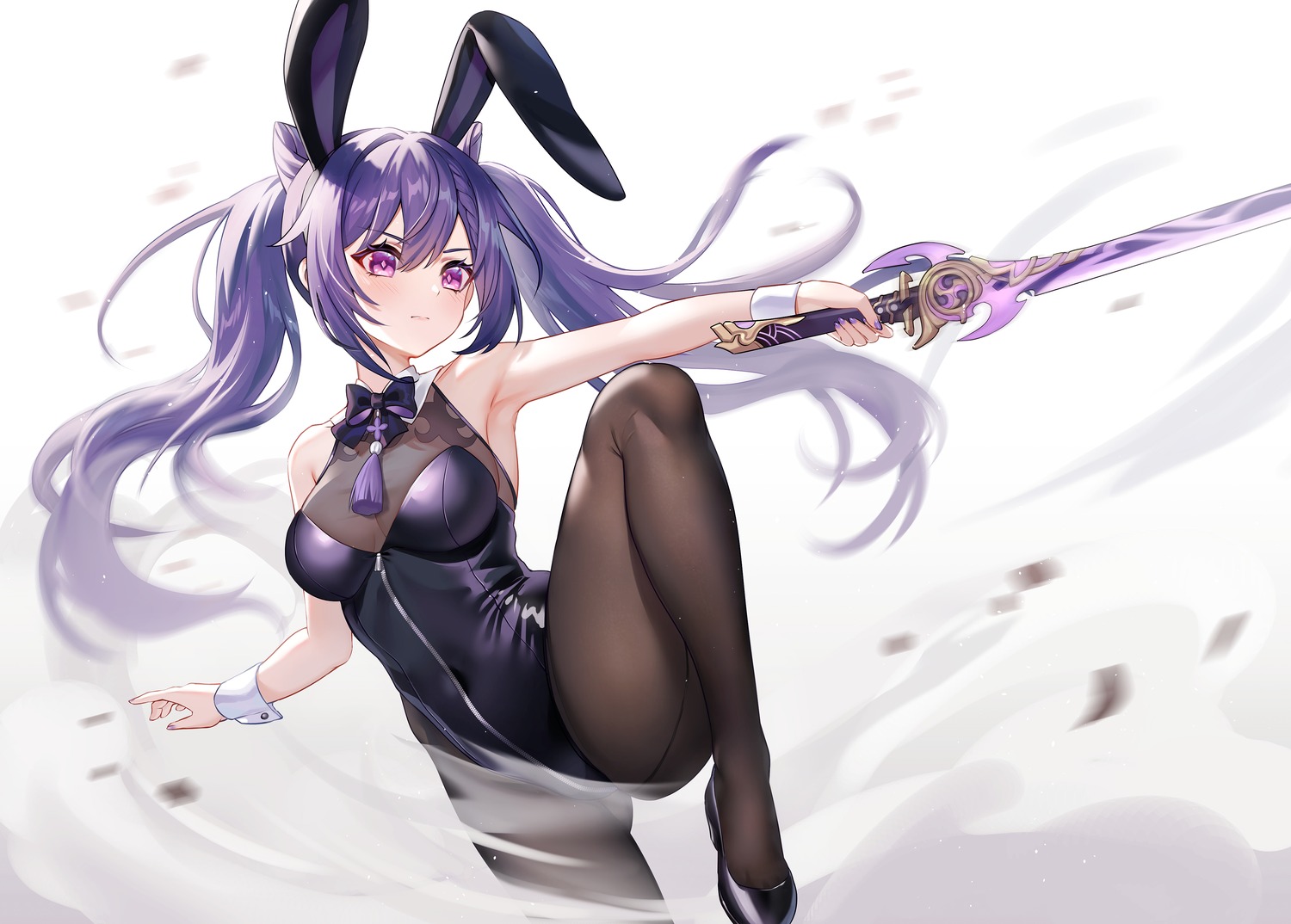 animal_ears bunny_ears bunny_girl genshin_impact keqing lalazyt no_bra pantyhose see_through sword