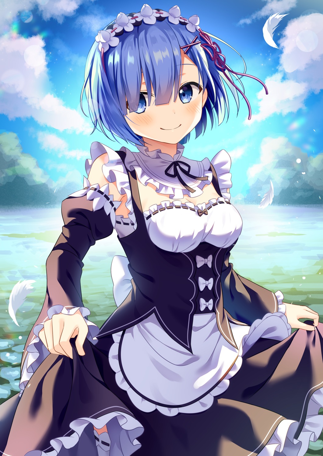 cleavage maid re_zero_kara_hajimeru_isekai_seikatsu rem_(re_zero) skirt_lift thighhighs yuusa