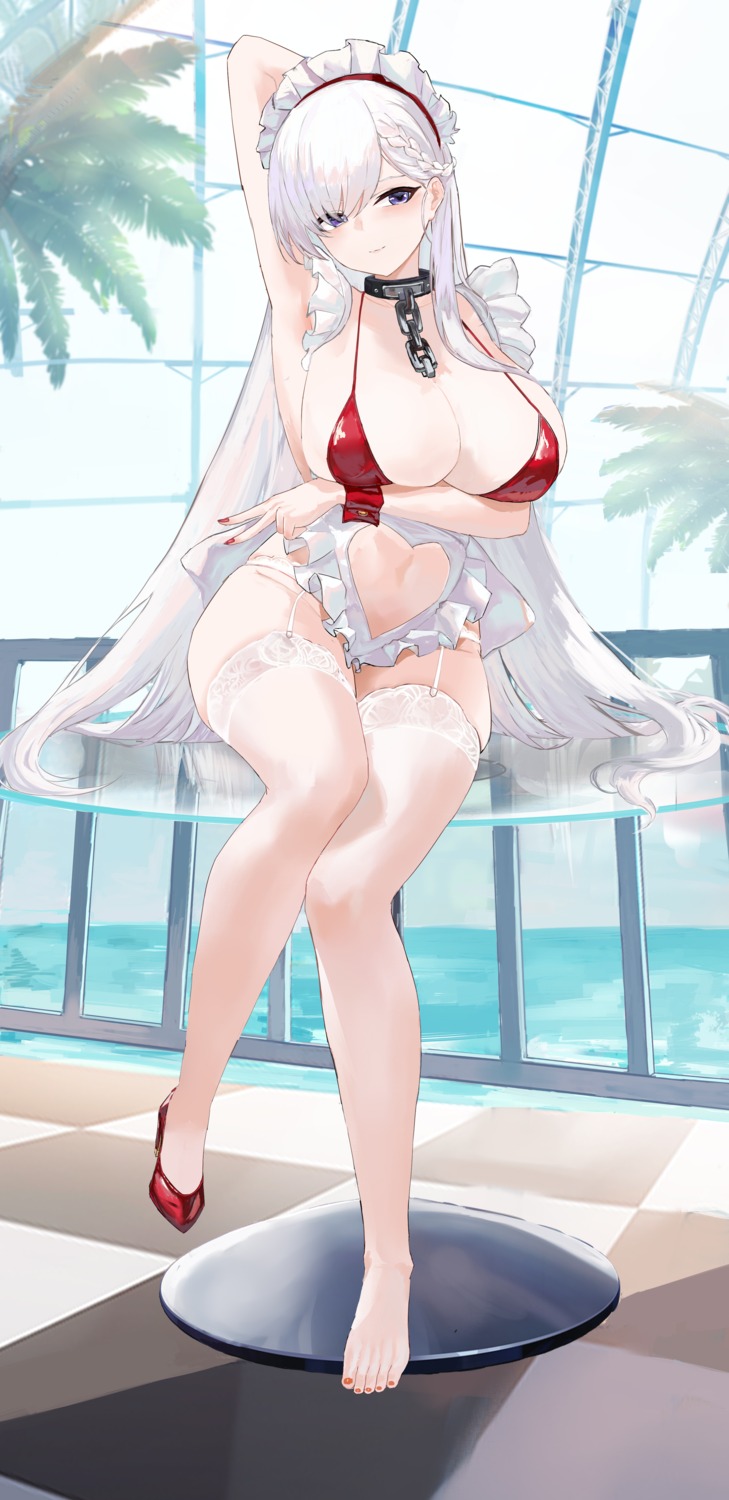 azur_lane belfast_(azur_lane) bikini heels maid stockings suo_bu_ye_feng swimsuits thighhighs