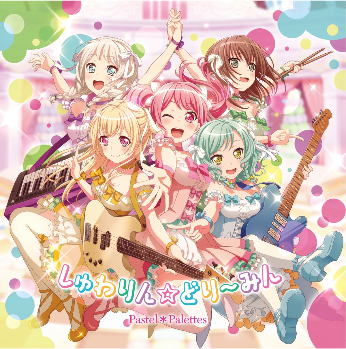 bang_dream! cleavage disc_cover dress guitar heels hikawa_hina maruyama_aya shirasagi_chisato thighhighs wakamiya_eve yamato_maya