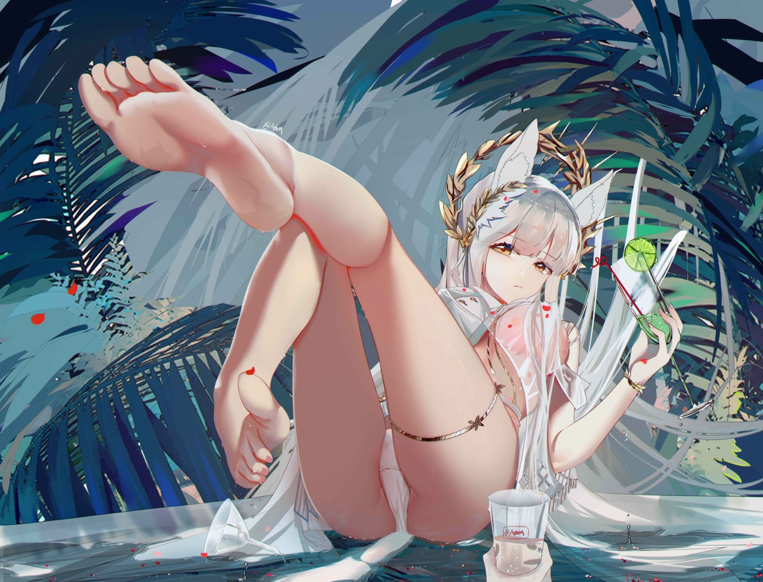 animal_ears arknights feet no_bra omone_hokoma_agm pantsu platinum_(arknights) see_through tail