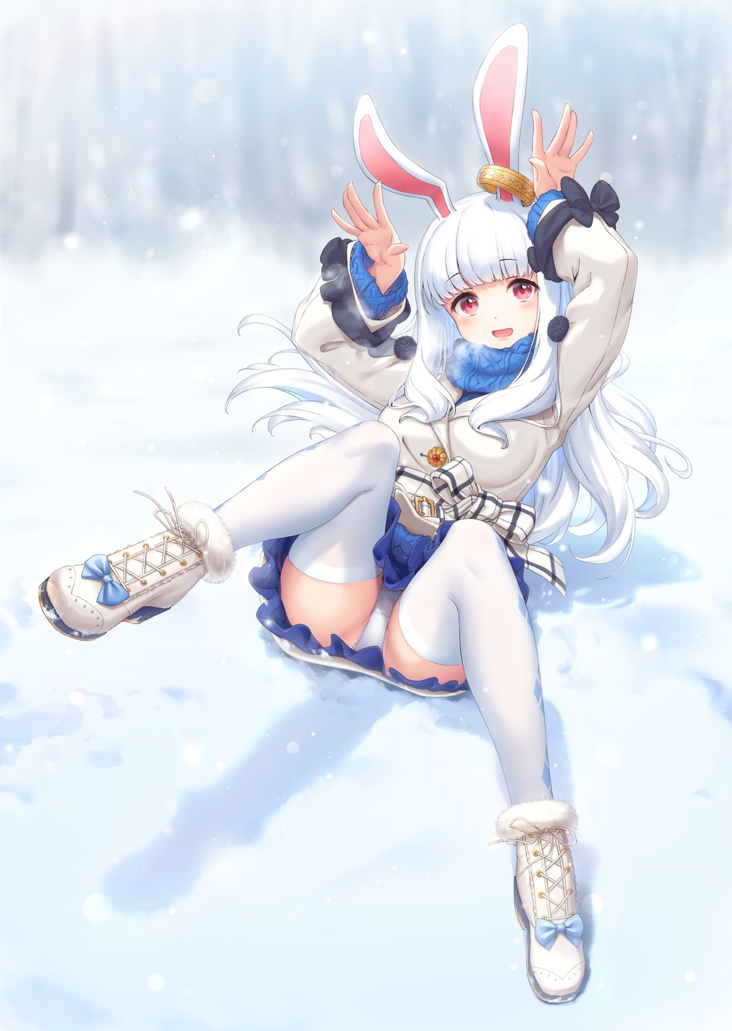 animal_ears bunny_ears kamome_yuu pantsu skirt_lift thighhighs