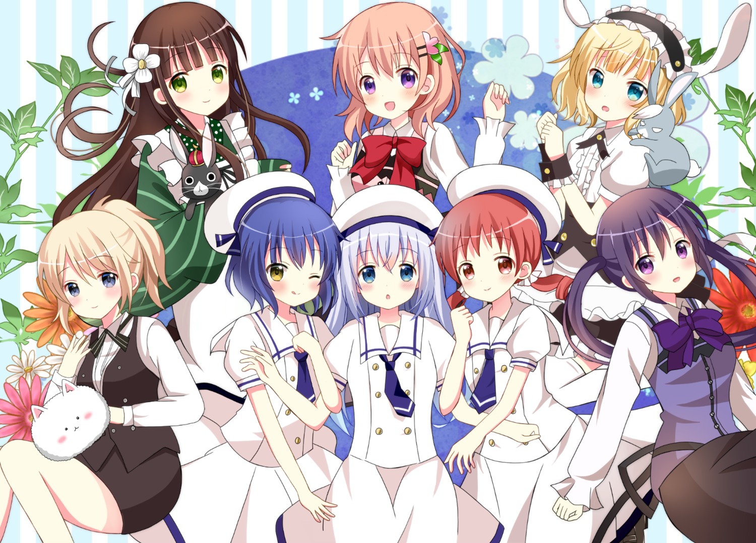 gochuumon_wa_usagi_desu_ka? hoto_cocoa jouga_maya kafuu_chino kirima_sharo maid natsu_megumi ryoutan seifuku tedeza_rize tippy_(gochiusa) ujimatsu_chiya wa_maid waitress