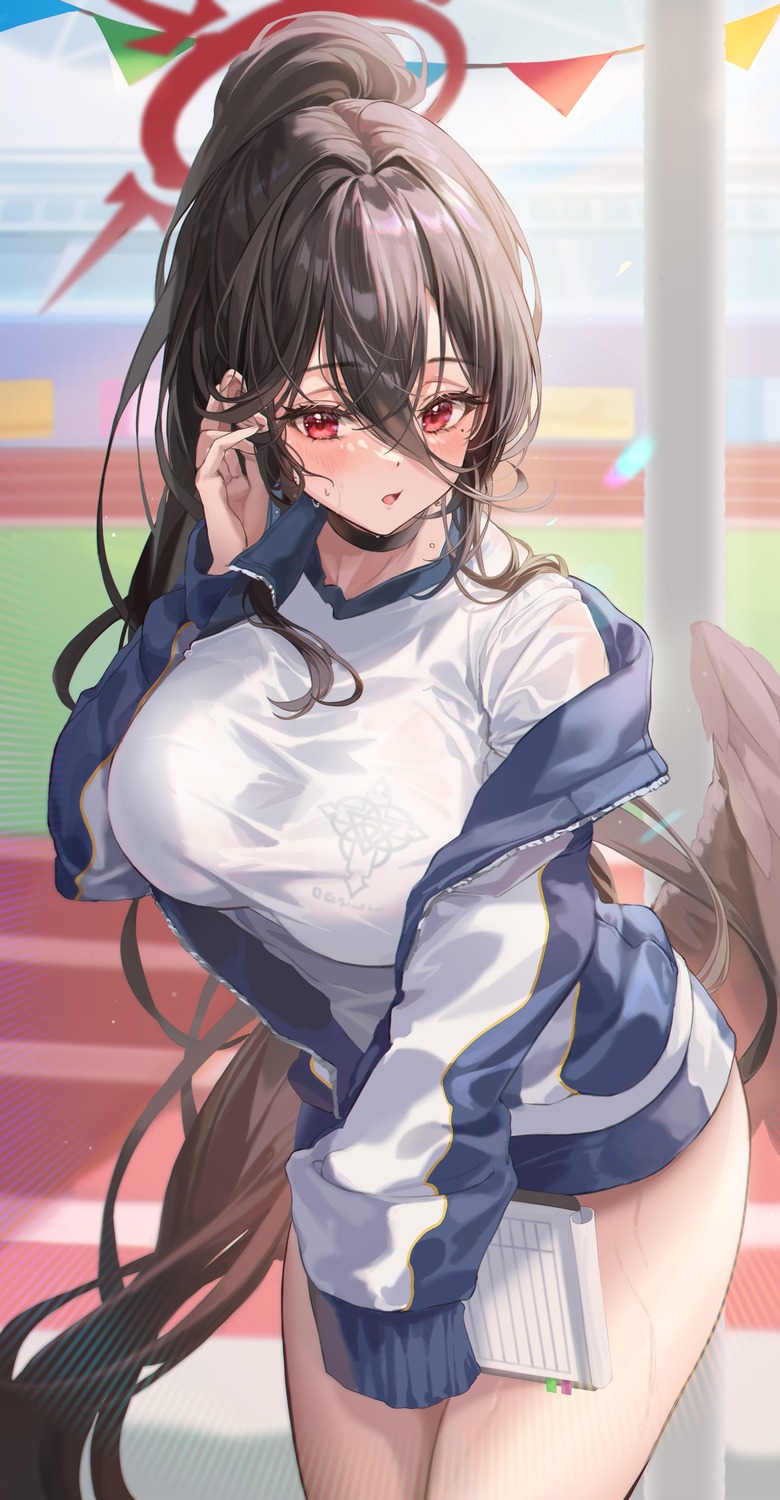 angel blue_archive gym_uniform hanekawa_hasumi lujang_(fudge) see_through wet wet_clothes wings