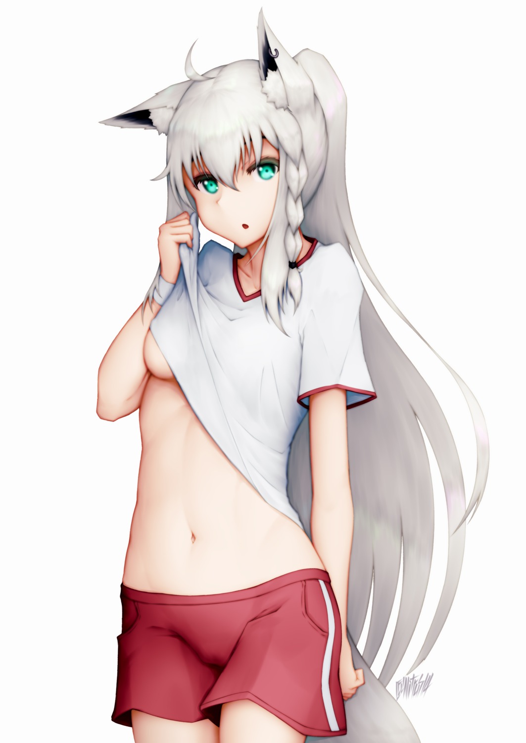 animal_ears gym_uniform hololive hololive_gamers kitsune nitrus no_bra shirakami_fubuki shirt_lift tail