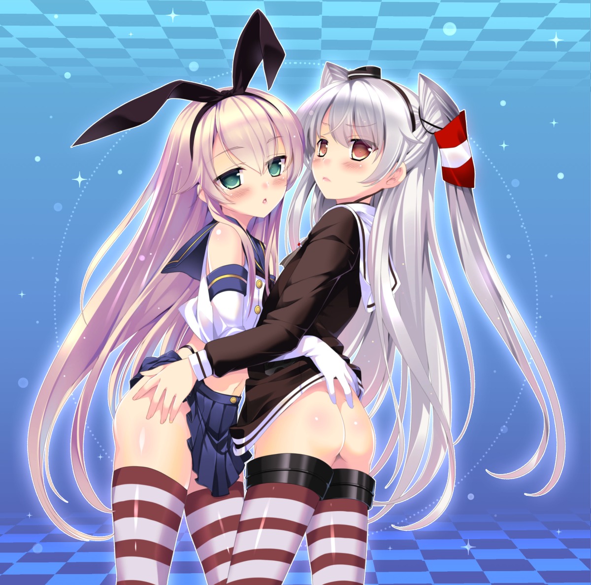 amatsukaze_(kancolle) ass kantai_collection loli pikazo shimakaze_(kancolle) skirt_lift thighhighs