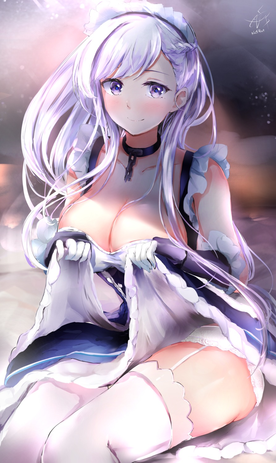 azur_lane belfast_(azur_lane) cleavage garter_belt maid neofreet no_bra skirt_lift stockings thighhighs