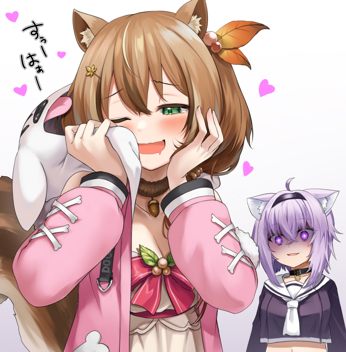 animal_ears ayunda_risu cleavage cosplay hololive hololive_gamers hololive_indonesia inugami_korone kito_koruta nekomata_okayu nekomimi seifuku tail