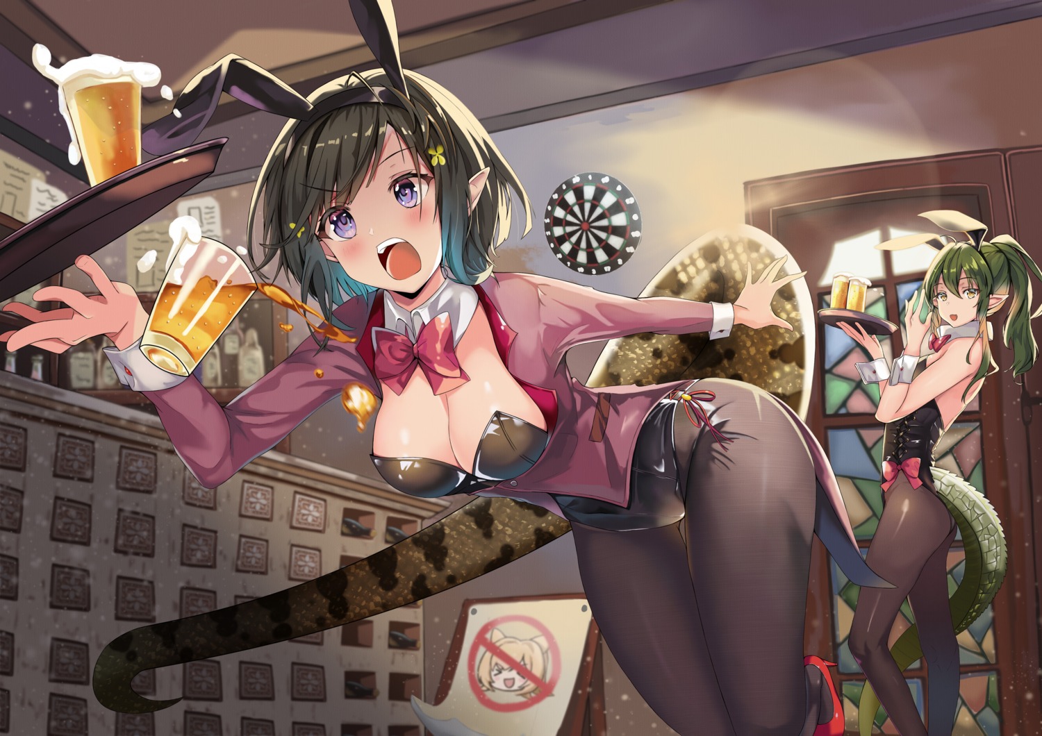 animal_ears arknights ass auguste bunny_ears bunny_girl eunectes_(arknights) gavial_(arknights) no_bra pantyhose pointy_ears tail waitress