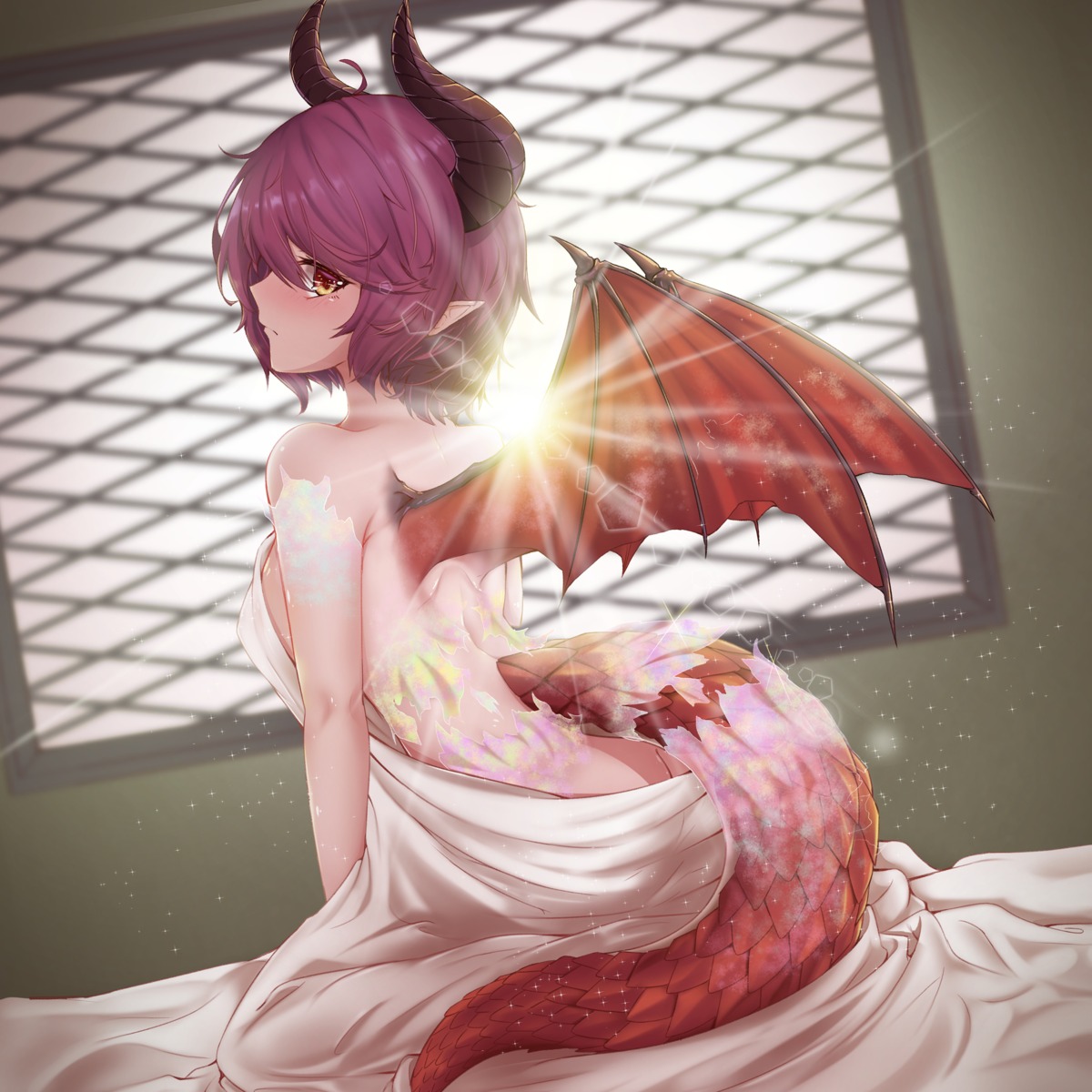 granblue_fantasy grea horns lux_(pixiv4480548) manaria_friends naked pointy_ears sheets tail wings